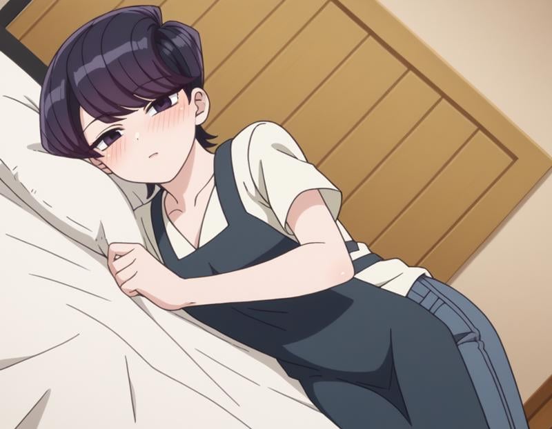 score_9, score_8_up, score_7_up, source_anime,shuukokomi, <lora:shuuko-komi-s1s2-ponyxl-lora-nochekaiser:1>,shuuko komi, short hair, black hair, black eyes, half-closed eyes,shirt, white shirt, short sleeves, pants, apron, denim, jeans, blue apron,indoors, bed, bed room, on side, blush, drunk,looking at viewer, cowboy shot, dutch angle, solo,