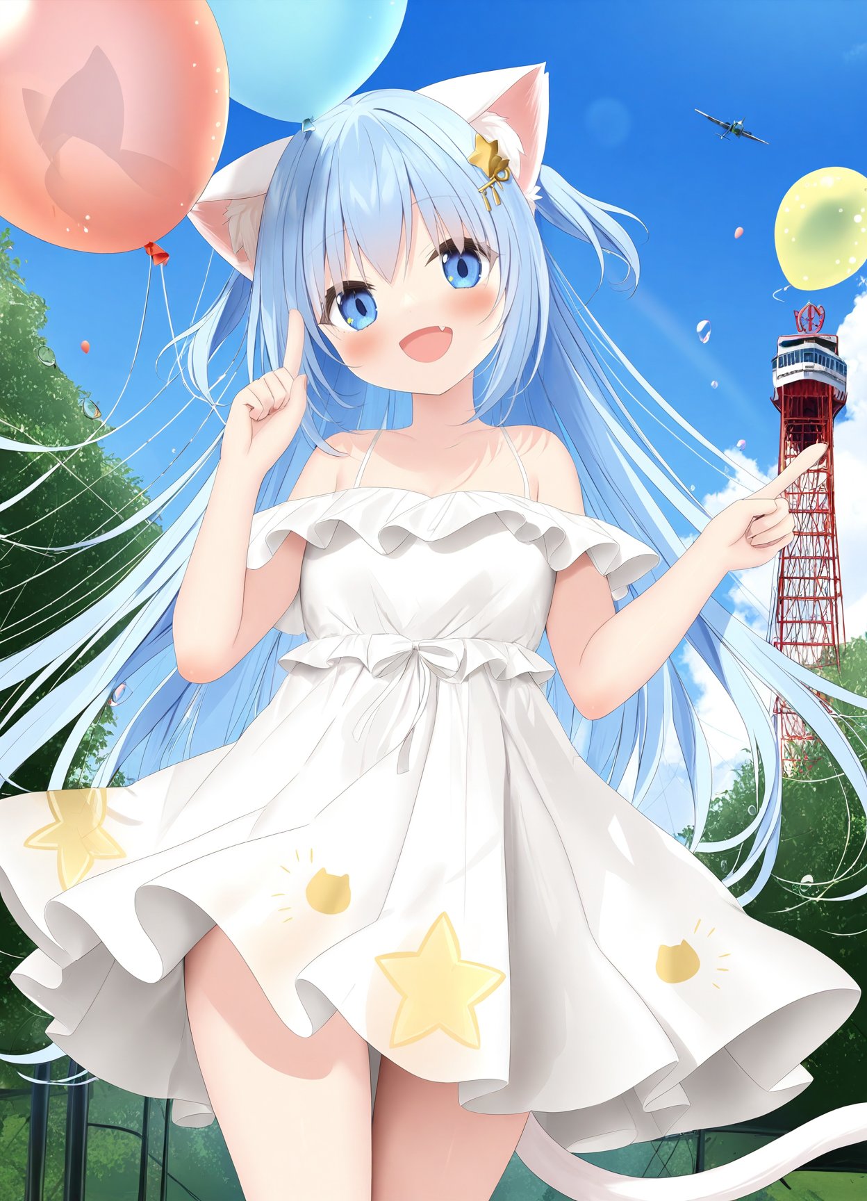 masterpiece, best quality,1girl, :d, aircraft, animal_ears, arm_up, balloon, bare_arms, bare_shoulders, blue_eyes, blue_hair, blue_sky, blush, bubble, cat_ears, cat_tail, commentary, cowboy_shot, day, dress, fang, head_tilt, hot_air_balloon, long_hair, looking_ahead, looking_at_viewer, mint_\(uchi_no_pet_jijou\), off-shoulder_dress, off_shoulder, open_mouth, outdoors, outstretched_arm, pointing, sky, smile, solo, spaghetti_strap, star_\(symbol\), star_in_eye, straight-on, symbol-only_commentary, symbol_in_eye, tail, tareme, tower, uchi_no_pet_jijou, white_dress, yano_mitsuki_\(nanairo\), <lora:HANS_V40_yano_mitsuki:0.8>