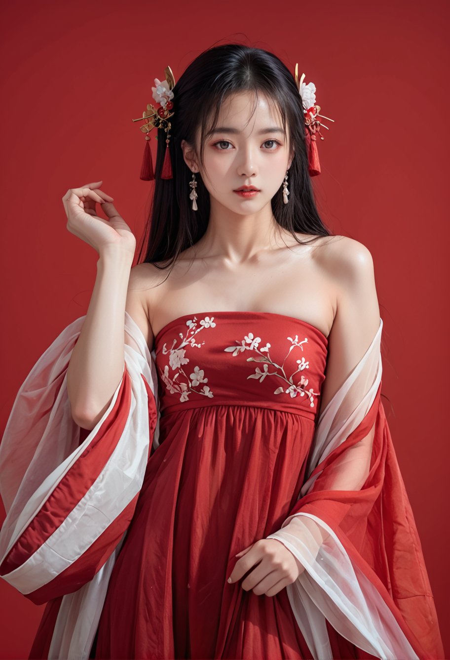 red background,,ruanyi0750,hanfu,wide sleeves,red dress,bandeau,see-through,<lora:0750 Large sleeve shirt Hanfu_v1_pony:0.8>, score_9,score_8_up,score_7_up,,8k,1girl,solo,