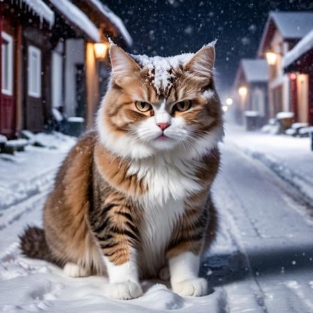 glamour shot of an angry cat in the middle of a snow covered village street, masterpiece, best quality, an angry cat, winter, night, heavy snowfall, snowstorm