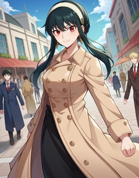 score_9, score_8_up, score_7_up, source_anime, yorbriar, <lora:yor-briar-ponyxl-lora-nochekaiser:1>, yor briar, black hair, red eyes, earrings, white hairband, hairband, long hair, sidelocks, smile,coat, trench coat,outdoors, cityscape, crowd, people, street,looking at viewer, cowboy shot, dutch angle, dynamic pose,