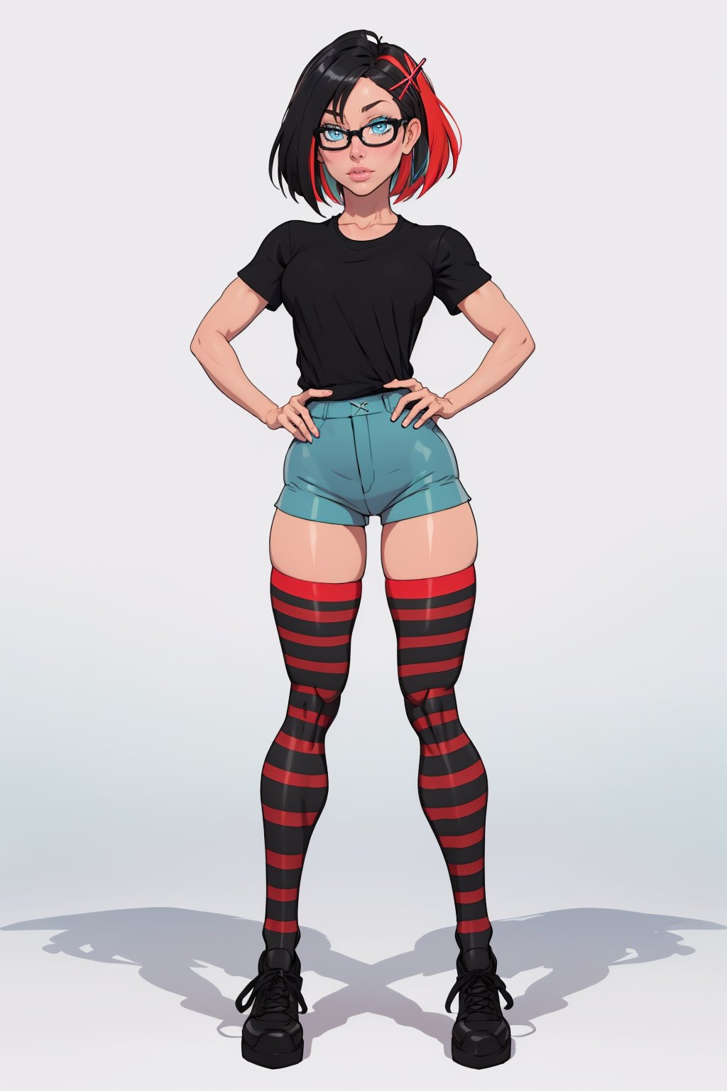 (masterpiece, best quality:1.2), <lora:thepit:.95>, thepit, solo, 1girl, thighhighs, shorts, shirt, striped, hand on hip, glasses, hair ornament, black shirt, multicolored hair, striped thighhighs, black footwear, red-framed eyewear, shoes, full body, short hair, hairclip, black hair, standing, blue shorts, hair between eyes, blue eyes, aqua eyes, short sleeves, looking at viewer, white background, red thighhighs, x hair ornament