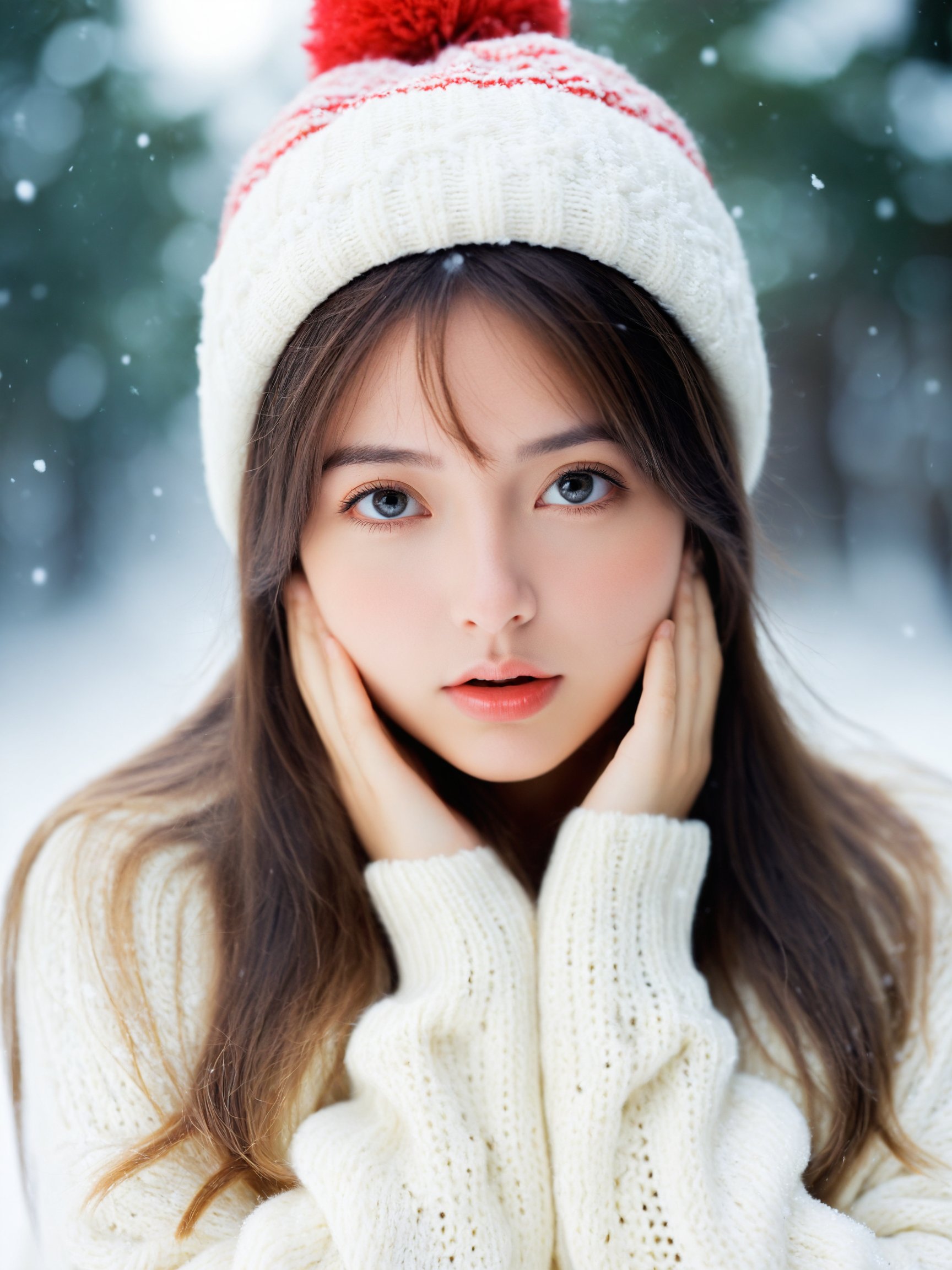 best quality, masterpiece,analogue photo of adult girl in sweater and sweater hat, looking at viewer, long hair, head shot, hold cheeks with hands, close-up, extremely beautiful detailed face, medium breasts, (cute face, temptations look), eye level,professional photo, high contrast exposure, soft bokeh, high key light, hard shadow, soft bokeh, snowing, snowing background,