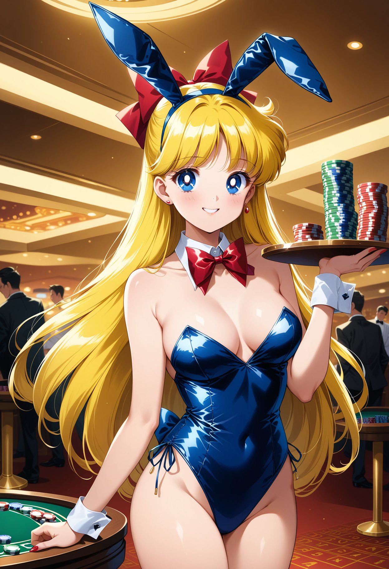 (masterpiece, best quality, very aesthetic, ultra detailed), intricate details, 4k, aavenus, long hair, blonde hair, hair bow, earrings, blue eyes, <lora:sailor_venus_animaginexl_v2:0.9>, playboy bunny, strapless, bare shoulders, casino, standing, cowboy shot, holding tray, smile, poker chip,