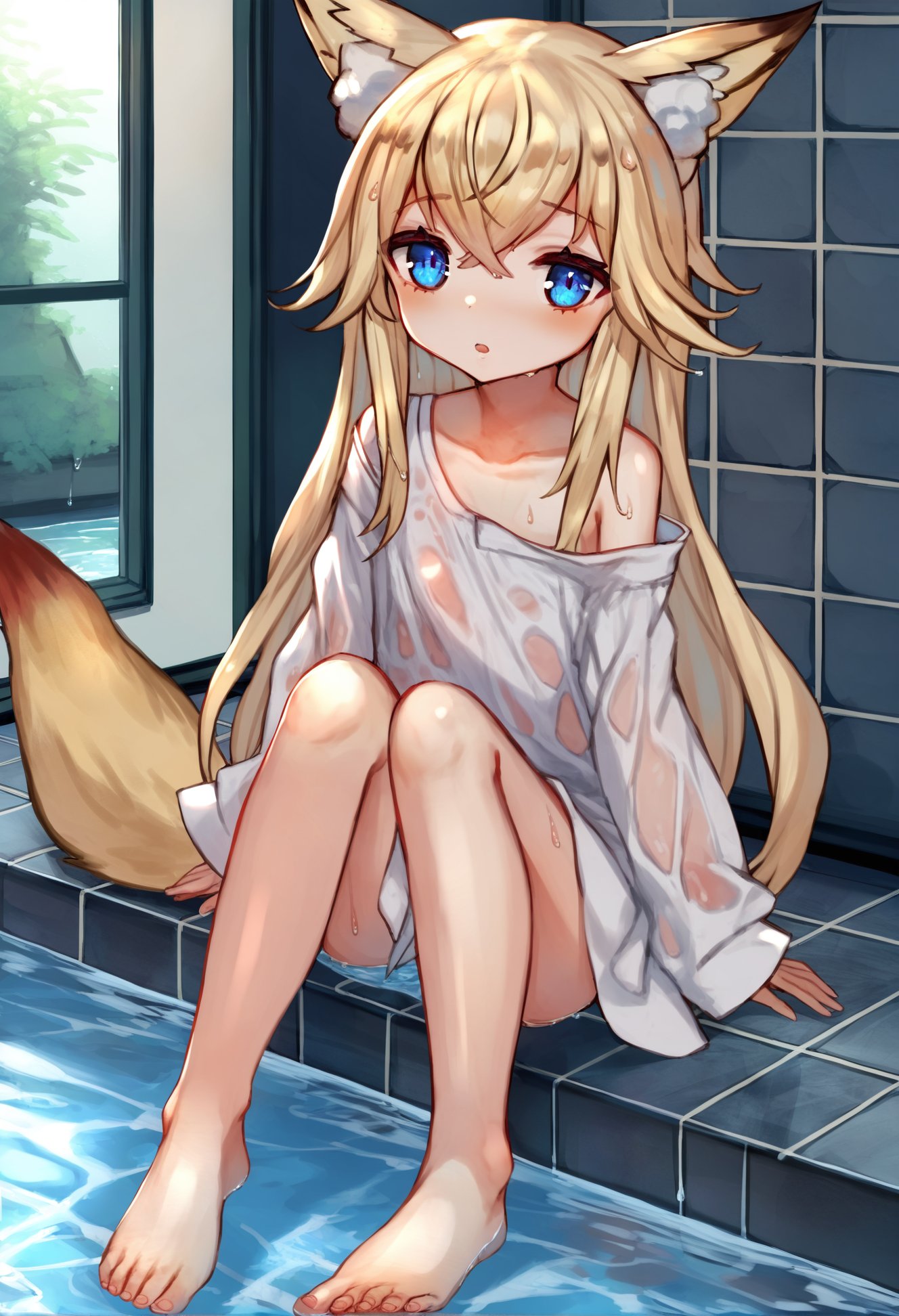 masterpiece, best quality, 1girl, 1011, solo, long hair, looking at viewer, blush, bangs, blue eyes, blonde hair, shirt, long sleeves, animal ears, hair between eyes, sitting, very long hair, tail, full body, parted lips, barefoot, indoors, water, off shoulder, :o, wet, animal ear fluff, sleeves past wrists, looking to the side, fox tail, soles, wet clothes, sleeves past fingers, tiles, wet shirt, tile floor, tile wall, shallow water <lora:さばみそ太郎XLlokr8f-000097:0.95>