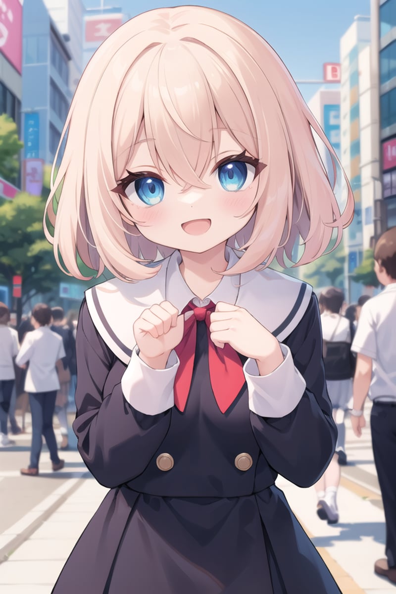 insanely detailed, absurdres, ultra-highres, ultra-detailed, best quality,1girl, solo, nice hands, perfect hands,BREAK,(wearing winter school uniform),happy smile, laugh, open mouth,dynamic pose, cowboy shot, looking at viewer,BREAK,slender, kawaii, perfect symmetrical face, ultra cute girl, ultra cute face, ultra detailed eyes, ultra detailed hair, ultra cute, ultra beautiful,by Canon EOS, SIGMA Art Lens 35mm F1.4, ISO 200 Shutter Speed 2000,in harajuku, shibuya, tokyo, street, crowd, cityscape,medium large breasts,BREAK,, (white) blonde hair, medium hair, messy hair, blue eyes, hair between eyes