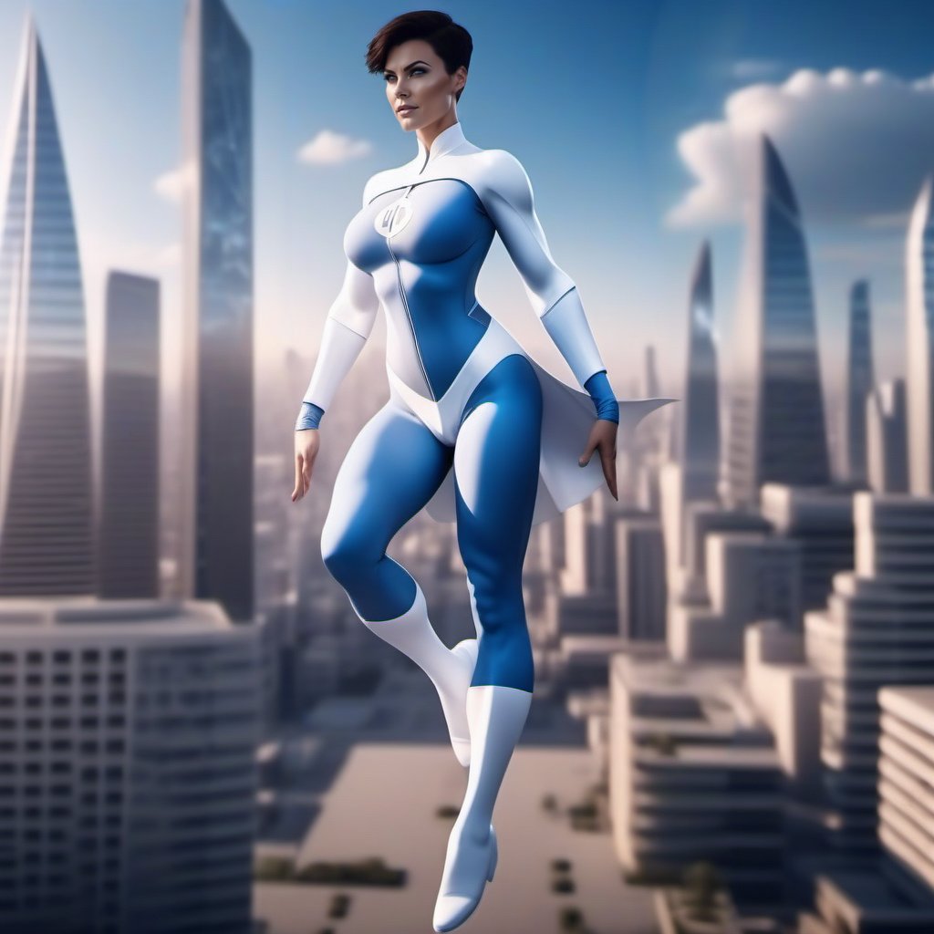 a (((full body))) muscular woman, short dark hair, huge breast, wears a futuristic white and blue bodysuit , flying over a city in the background <lora:Anissa1024:0.8>