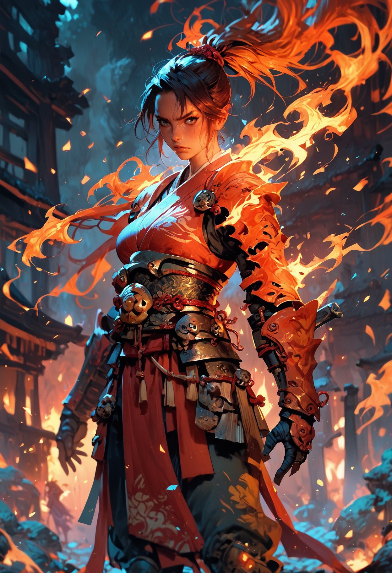 score_9, score_8_up, score_7_up, score_6_up, score_5_up, score_4_up,<lora:EpicF1reP0ny:0.8>, samurai woman in armor standing in a battlefield,armor,ponytail,japanese,fantasy,solo focus,epic, fire