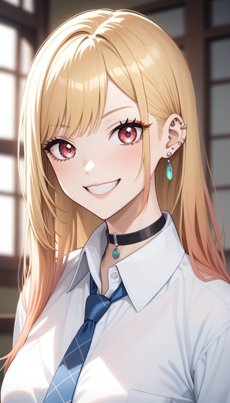 score_9, score_8_up, score_7_up, intricate details,1girl, kitagawa marin, sono bisque doll wa koi wo suru, blonde hair, red eyes, ear piercing, barbell piercing, black choker, collared shirt, white shirt, earrings, blue necktie, grin, v,