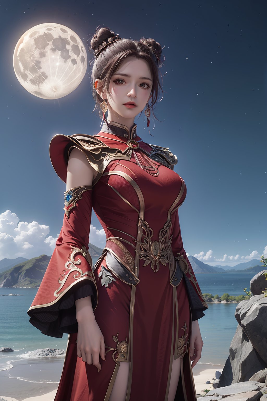 outdoors，(black hairs:1.2)，(large breasts:1.0)，flowers，floating hair，sky，rainbow,moon,sky,stars,(arms at sides:1.3),standing，mountains，crystal，sea，desert，upper body,1girl, solo, jewelry, hair bun,earrings, double bun, dress, detached sleeves, red dress, brown eyes, brown hair, red hair,wide sleeves, realistic, chinese clotheslooking at viewer，closed mouth，<lora:dingdang-maxiaotao:0.55>