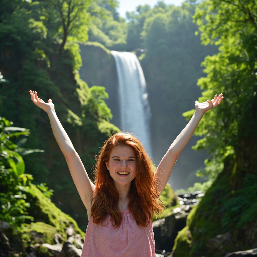 A vivid portrayal of rose_leslie standing in front of a cascading waterfall in a lush green forest. She wears a light pink sleeveless top and has her arms raised in a celebratory pose, with a wide smile on her face. The waterfall, surrounded by dense greenery, is the main subject. The background is filled with dense foliage, and sunlight filters through the canopy, creating a dappled effect on the waterfall's surface. The image conveys a sense of joy, freedom, and the beauty of nature.