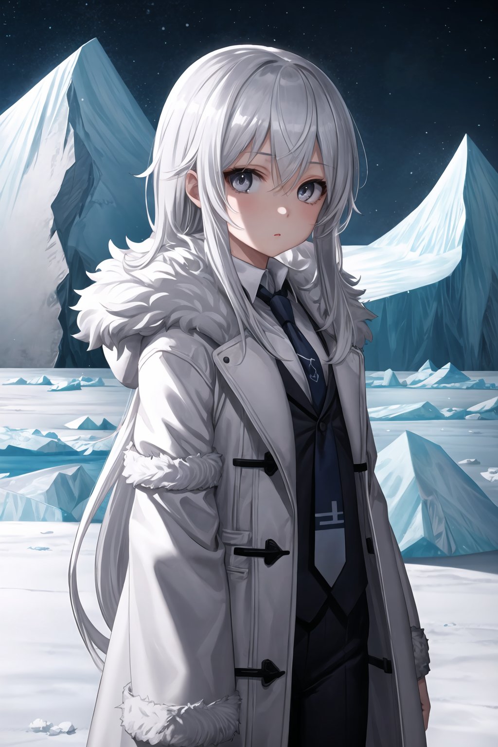 masterpiece,best quality,1girl,antarctic,ice sheet,long white hair,silver eyes,fur coat,tie