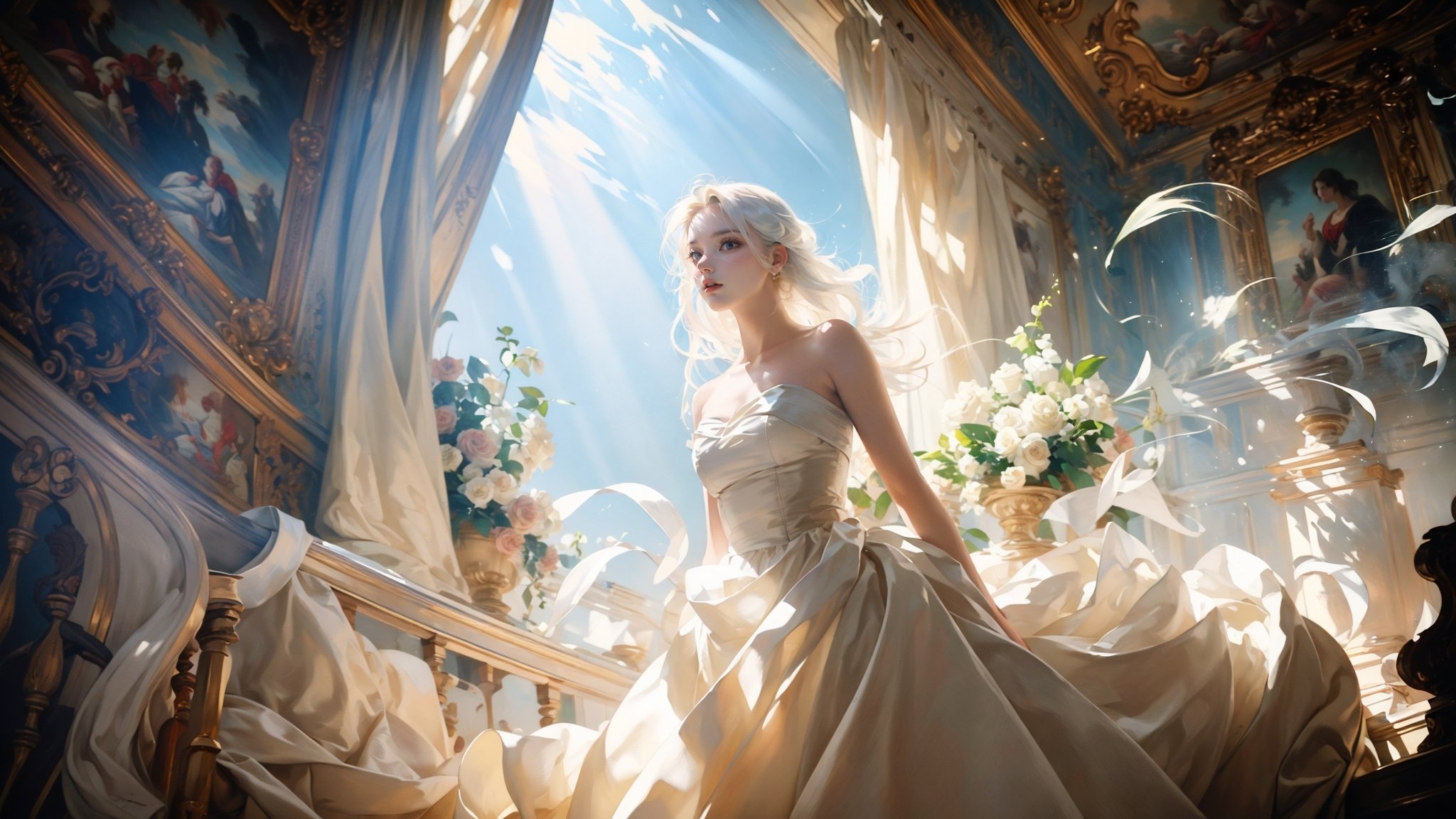 Low Angle shooting, super wide lens,Rococo style，solo, bare shoulders，strapless dress，sunbeam，sunlight，medium breasts,curtains，tree，light rays，reflection，long hair，White hair, babydoll,A shot with tension，(Visual impact,giving the poster a dynamic and visually striking appearance:1.2),impactful picture,<lora:绪儿-洛可可油画风 Rococo style:0.8>