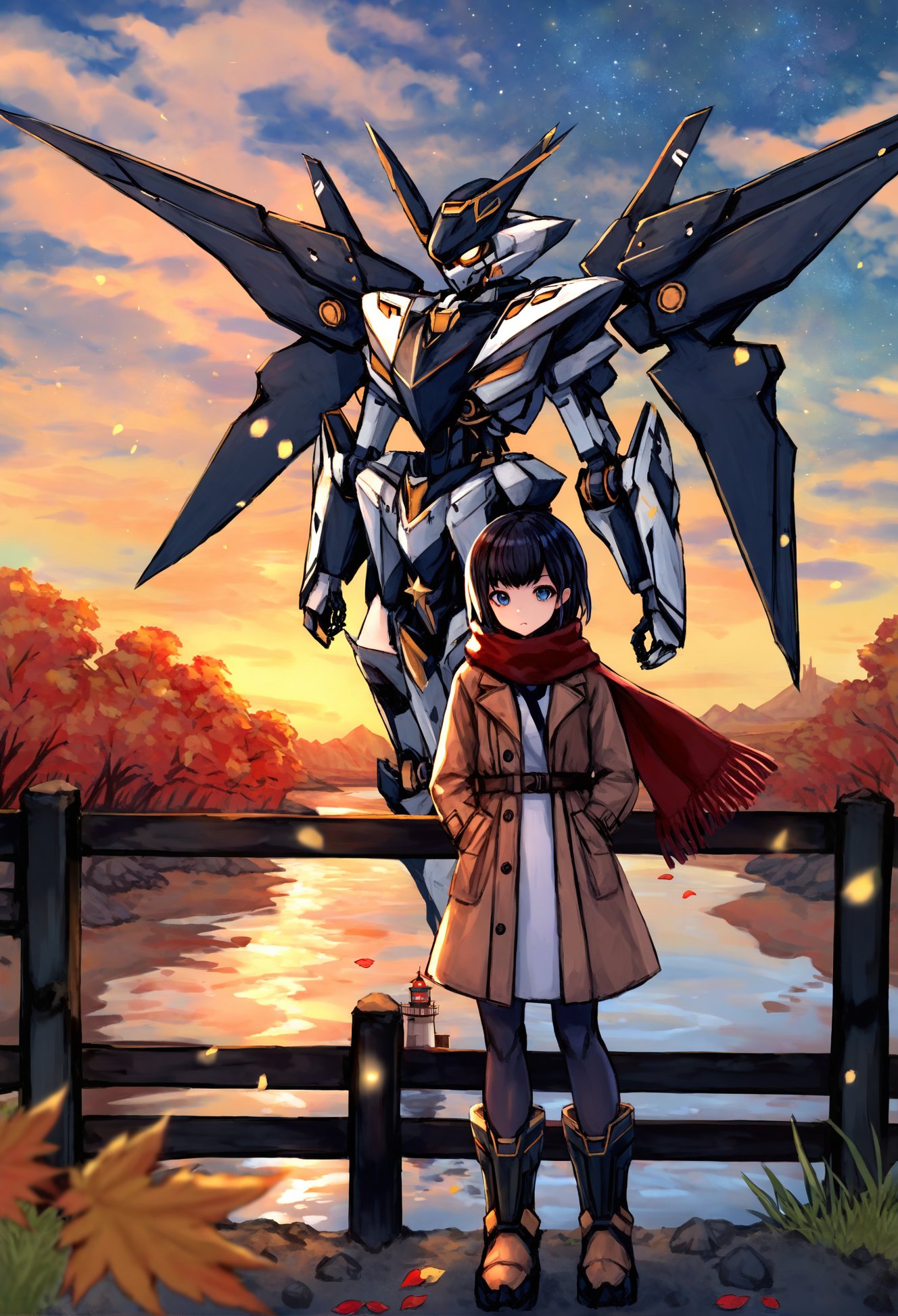 masterpiece, best quality,1girl,   solo, looking at viewer, black hair, bangs, closed mouth, upper body, abstract, wings, robot, mecha, science fiction, (sky:1.1), desert, outdoors, outdoors, solo, (sky:1.1), tree, scenery, star, (sky:1.1), night, starry sky, night sky, standing, winter, snow, grass, nature, bare tree, wide shot, coat, long sleeves, breath, rock, outdoors, solo, tree, scenery, plaid, (sky:1.1), snow, standing, pantyhose, winter, long sleeves, boots, wide shot, open clothes, autumn leaves, autumn, blurry, building, fence, snowing, (sky:1.1), cloud, scenery, outdoors, reflection, solo, tree, dress, blue sky, leaf, water, standing, petals, autumn leaves, cloudy sky, day, ripples, wide shot, white dress, short sleeves, scarf, lake, open coat, short hair, brown coat, mechanical wings, horizon, seasons, goth fashion, star \(sky\), lighthouse, robot joints, depth of field, falling petals, joints, mechanical boots <lora:さばみそ太郎XLlokr8f-000097:0.95>