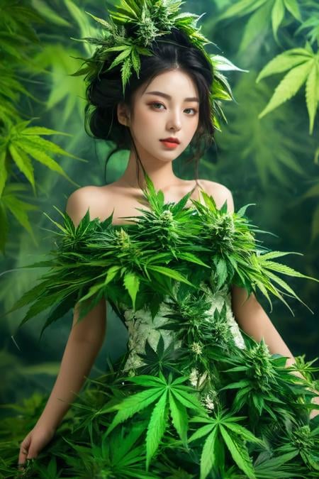 1girl wearing dress of marijuana leaves, personification of marijuana, organic seductive geisha, woman made of plants, with green cannabis leaves, princess of cannabis, covered in plants, realistic,cnbxl, details eyes<lora:EMS-329815-EMS:0.800000>