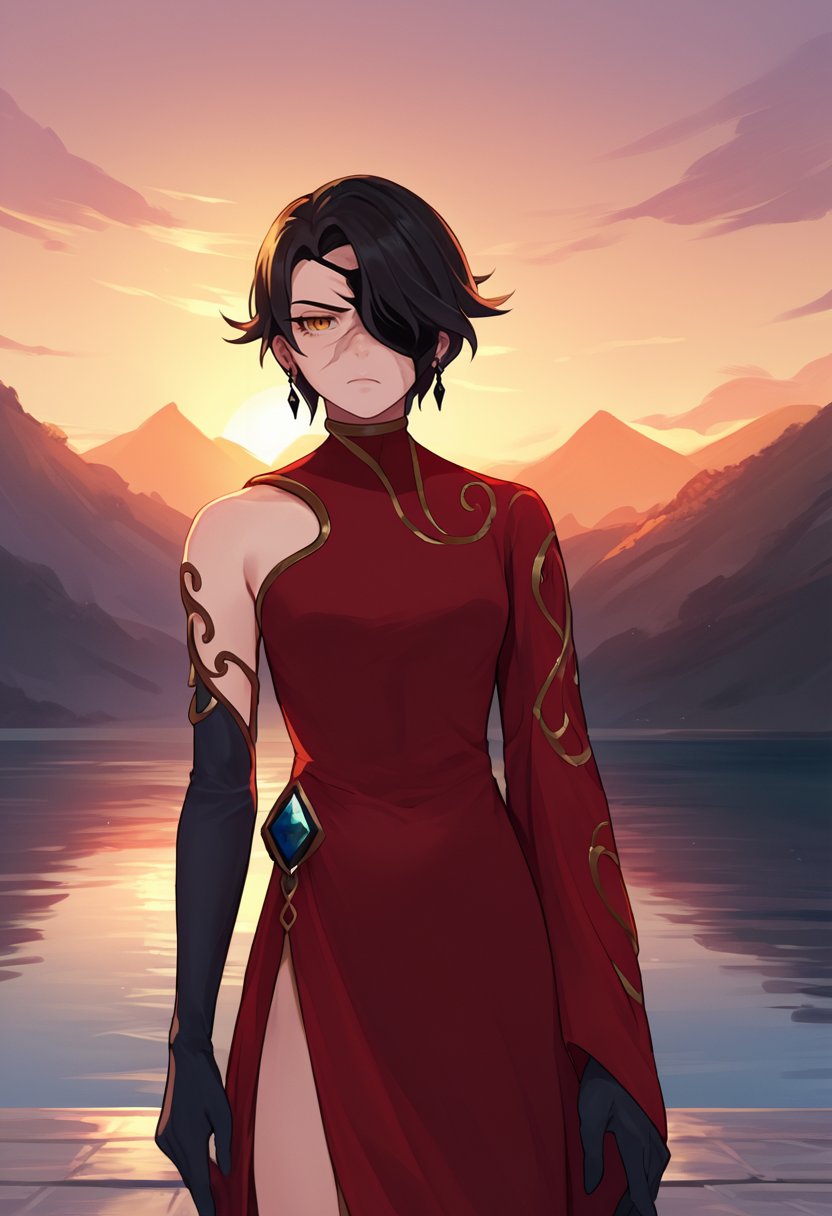 score_9, score_8_up, score_7_up, source_anime, solo, 1girl, cindermistral, scar on face, expressionless, looking at viewer, standing, hair over one eye, eyepatch, red dress, china dress, black gloves, elbow gloves, earrings, sunset, outdoors <lora:rwby_cinderfall_ponyXL-MISTRAL:1>