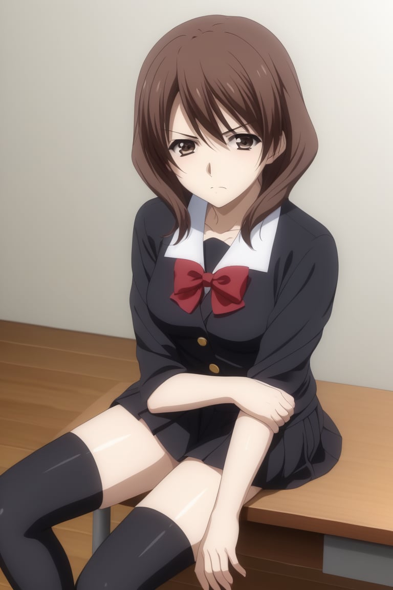 Highly detailed, High Quality, masterpiece, beautiful, 1girl, solo, (young woman, 18 years old), chie ashikaga, brown hair, brown eyes, serious face, medium hair, (medium breasts), (black skirt, thighhighs, school uniform, black thighhighs, zettai ryouiki, bow, red bow, black jacket), looking_at_viewer, closed_mouth, from front, (focus side).<lora:EMS-413568-EMS:1.000000>