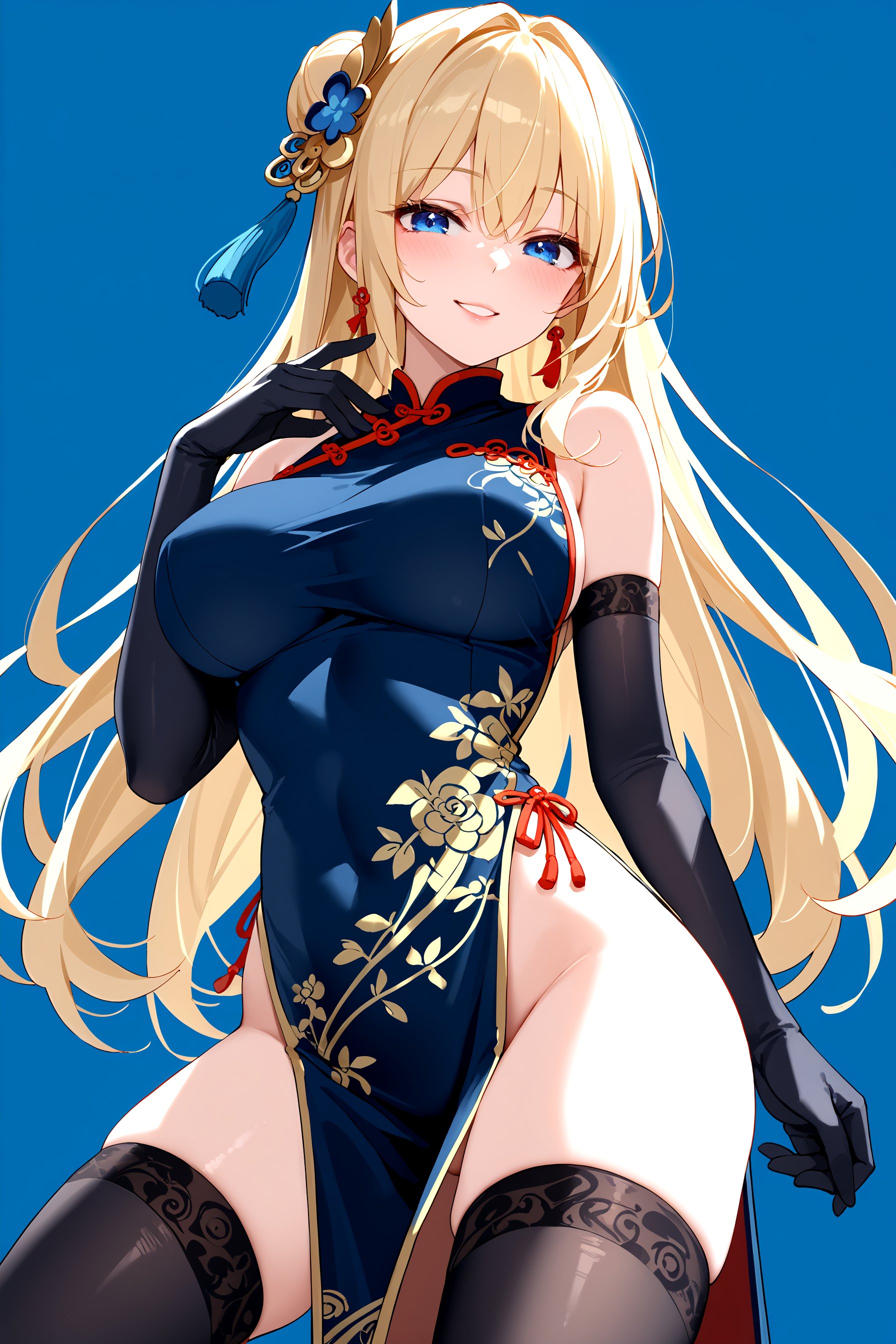 1girl, alternate costume, bare shoulders, black gloves, blonde hair, blue background, blue eyes, blush, breasts, china dress, chinese clothes, dress, elbow gloves, eyebrows visible through hair, gloves, large breasts, long hair, looking at viewer, no panties, pelvic curtain, smile, solo, thighhighs, finger on lips, score_9_up, score_8_up, masterpiece, best quality