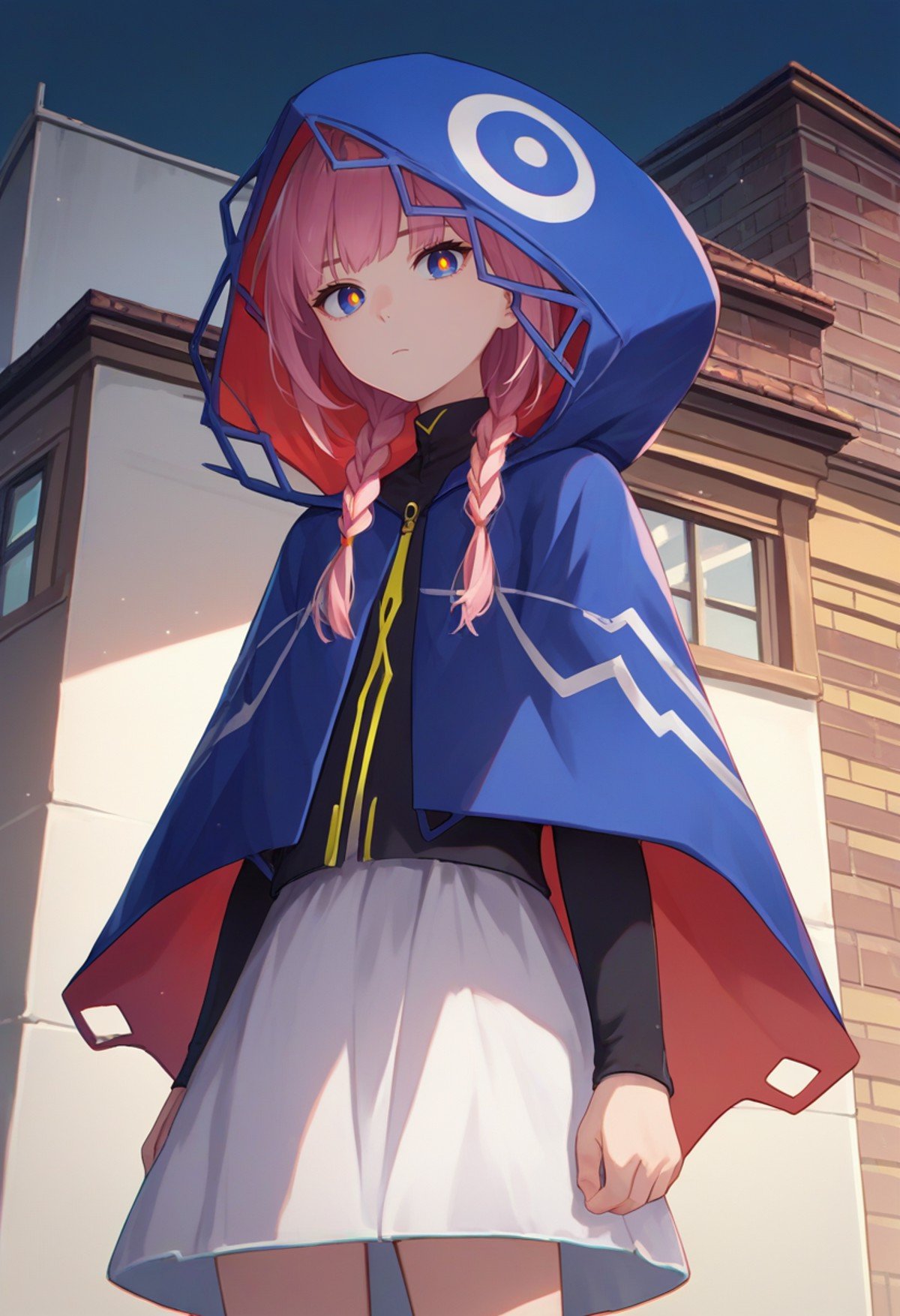 score_9, score_8_up, score_7_up, source_anime, solo, 1girl, vtkaf, expressionless, looking at viewer, standing, braid, multicolored eyes, yellow pupils, jacket, hood, long sleeves, hooded capelet, white skirt, outdoors, rooftop <lora:kamitsubaki_kaf_ponyXL:1>