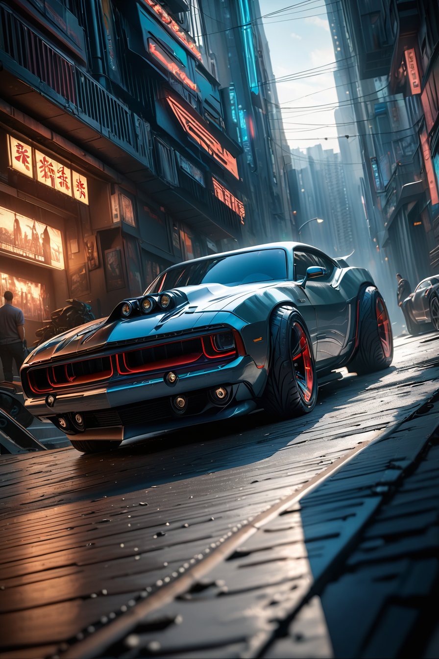 hyper realistic,metal,professional photo of a futuristic muscle car with multiple modifications, large wheels, driving, cybernetic hood, cyber car parts, front pop up headlights, science fiction, sci-fi scenario, (night), natural light, cyberpunk, futuristic city, cyberpunk city, neon signs, highly detailed, (highly detailed background), multiple buildings in the background, detailed textures, wide angle, 8k, HDR, professional photoshoot, high quality photo, realistic photo, realistic shadows, detailed shadows, realistic proportions,film grain, raw photo,(front), (Depth of field hdr 8k 4k wallpaper cinematic angle, cinematic lighting,:1.1) (masterpiece, best quality:1.75), (Depth of field hdr 8k 4k wallpaper cinematic angle, cinematic lighting,:1.5) (masterpiece, best quality:2.0)