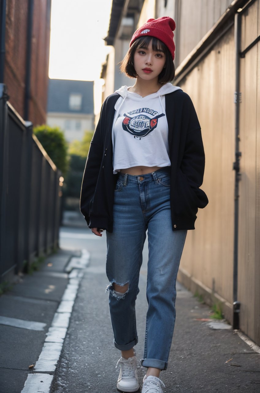 1girl, solo, bob cut, breasts, looking at viewer, black hair, medium breasts, Baggy jeans, oversized hoodie, beanie, and sneakers, grafitte background, urban alley, hard lighting, realistic, RAW photo, (masterpiece:1.3), subsurface scattering, heavy shadow, (high quality:1.4), (intricate, high detail:1.2), professional photography, HDR, High Dynamic Range, realistic, ultra realistic, photorealistic, high resolution, film photography, DSLR, 8k uhd, Fujifilm XT3