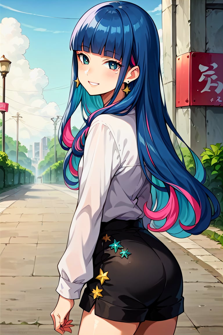 score_9, score_8_up, score_7_up, score_6_up, score_5_up, score_4_up, rating_questionable, , source_anime, digital illustration, pixiv, fanbox, uncensored, , BREAK, official art,1girl, solo, female, eida, blue hair, blunt bangs, colored colored inner hair, long hair, earrings, long sidelocks,white shirt, long sleeves, black shorts, star \(symbol\), jewelry, outdoors, light smile, blush, cowboy shot, looking at viewer, colorful, vivid   <lora:Eida_Pony-10:0.8>