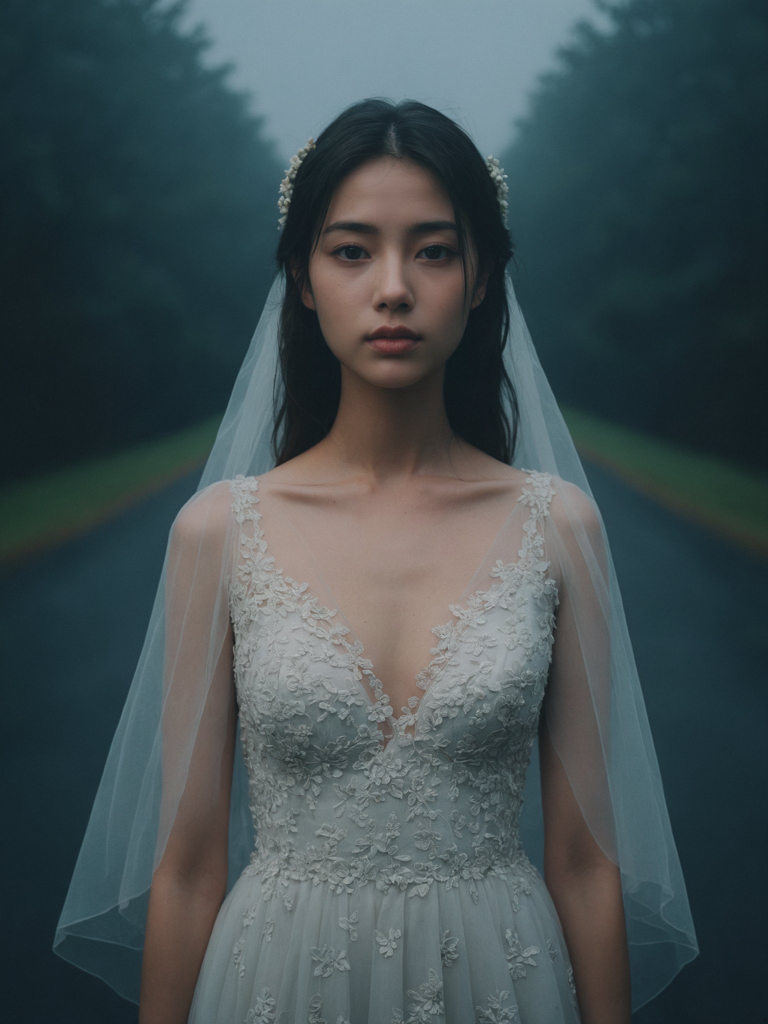 1girl,a girl close up,tyndall effect,wedding dress,foggy,dark shadow photography,surreal dramatic lighting shadow (lofi, analog),kodak film by Brandon Woelfel Ryan McGinley,