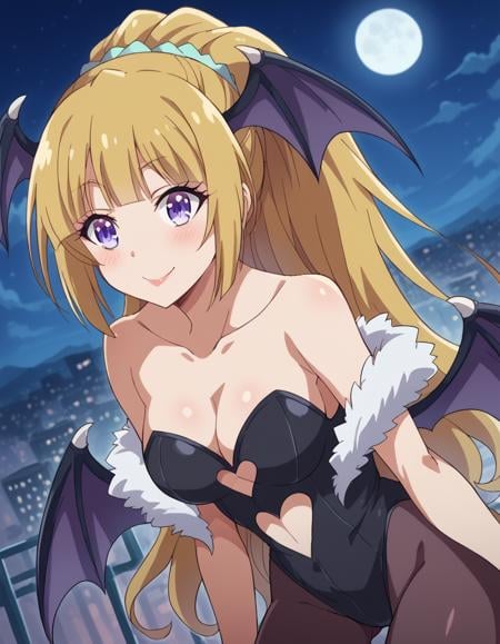 score_9, score_8_up, score_7_up, source_anime, keikaruizawa, <lora:kei-karuizawa-anime-s2-ponyxl-lora-nochekaiser:1>, kei karuizawa, long hair, bangs, blunt bangs, purple eyes, blonde hair, hair ornament, ponytail, scrunchie, blue scrunchie,, <lora:morrigan-aensland-cosplay-ponyxl-lora-nochekaiser:1>, morriganaenslandcosplay,head wings, lipstick, makeup, animal print, bat print, bat wings, black leotard, cleavage, clothing cutout, demon girl, fur trim, fur-trimmed leotard, heart cutout, leotard, low wings, pantyhose, print pantyhose, purple pantyhose, wings, bare shoulders, collarbone,, outdoors, cityscape, night, moon, bent over, smile, blush,, cowboy shot, dutch angle,