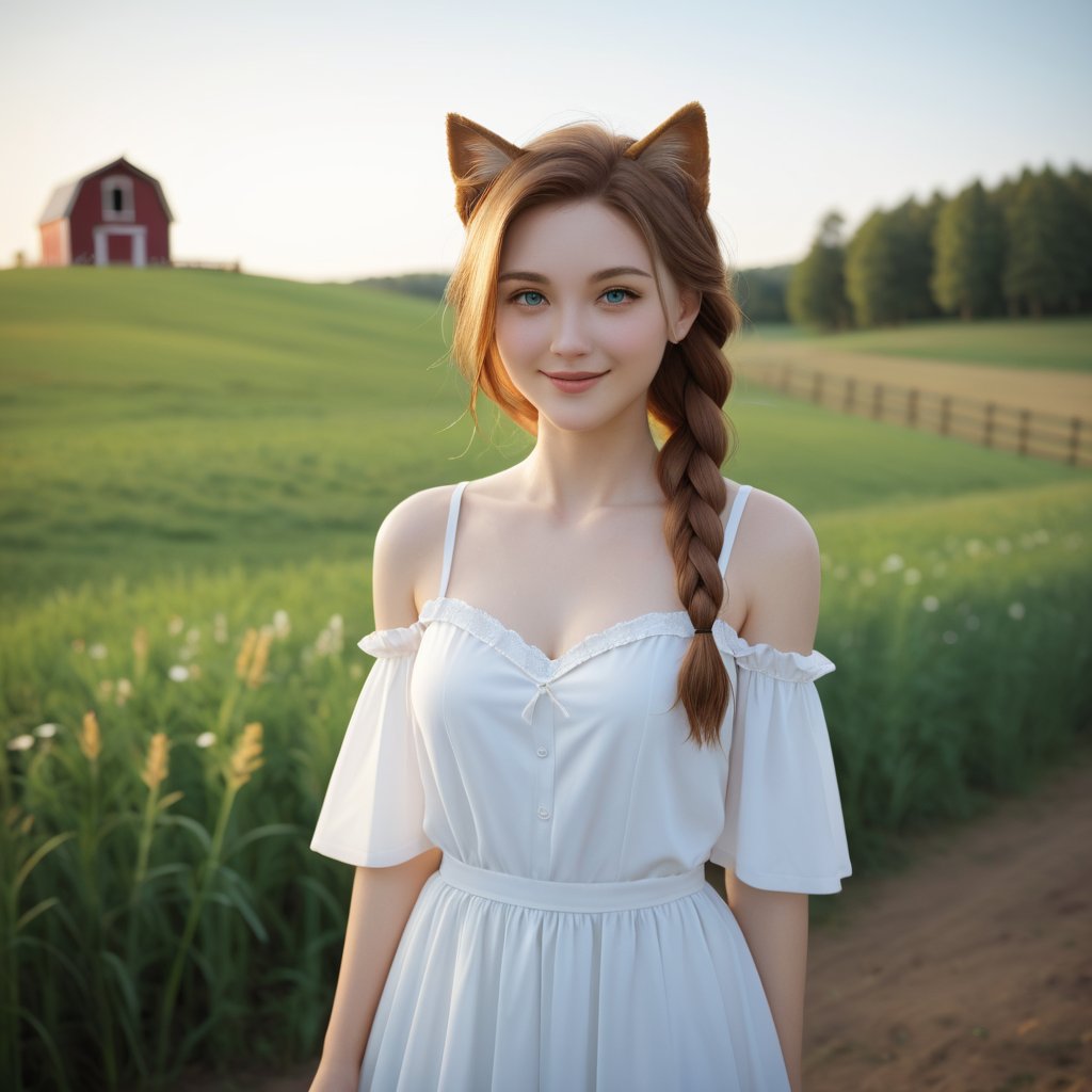 score_9,score_8_up,score_7_up,young 1girl with braided hair and fluffy cat ears, dressed in Off-Shoulder Sundress, standing in a rustic farm setting. She has a soft, gentle smile, expressive eyes and sexy cleavage. The background features a charming barn, fields of golden wheat, and a clear blue sky. The composition should be bathed in the warm, golden hour light, with a gentle depth of field and soft bokeh to accentuate the pastoral serenity. Capture the image as if it were taken on an old-school 35mm film for added charm, looking at viewer