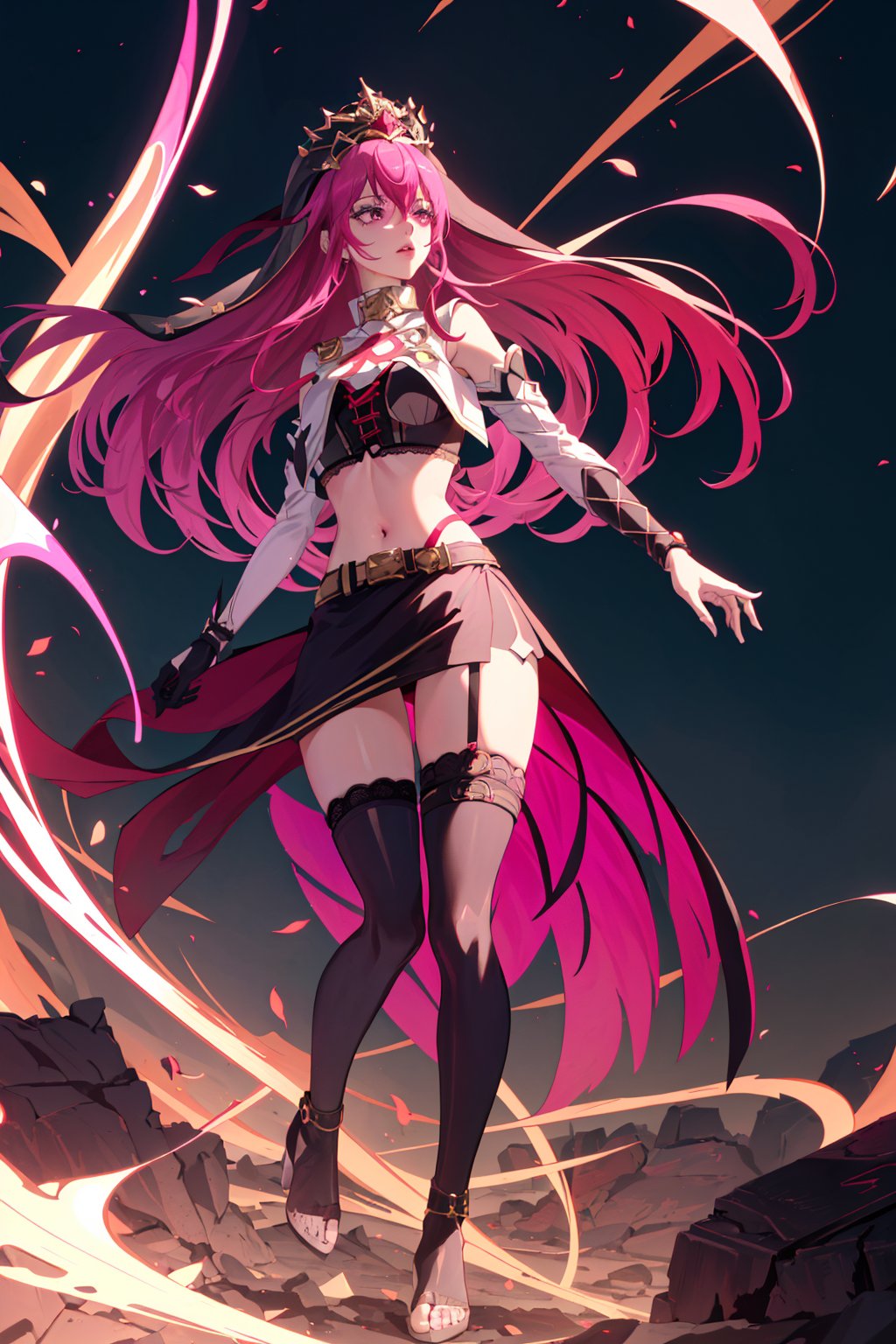 an accurate and detailed full body shot of a young adult female character named Rosaltis, a determined and mysterious aura, (Long flowing magenta hair with pink highlights:1.5), violet-indigo eyes, Seductive makeup, defined lips, (Imperial Veil Crown:1.3), (a white high collar crop top:1.7), (a gothic lace corset underneath crop top:1.4), (Long black opera gloves:1.1), (gold bracers:1.2), (A long black slit-skirt:1.3), Fishnet stockings, Red and gold garter belts, (knee-high Soft-knit wedge heels:1.2), A black belt with various trinkets, Flowing red ribbons, gold accent jewelry, masterpiece, high quality, 4K, rosaria(genshin impact), jessie pokemon, Altair Recreators, pastel<lora:EMS-36230-EMS:0.600000>, <lora:EMS-259677-EMS:0.700000>, <lora:EMS-12256-EMS:0.500000>