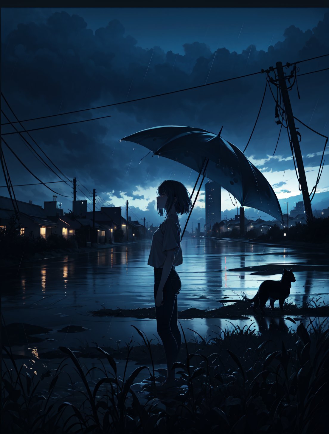 phblue, scenery, no humans, landscape,  (masterpiece,best quality:1.4), blue theme, city, dusk, 1girl, rain,cowboy shot, close up, <lora:bluestyle-000005:0.5>,