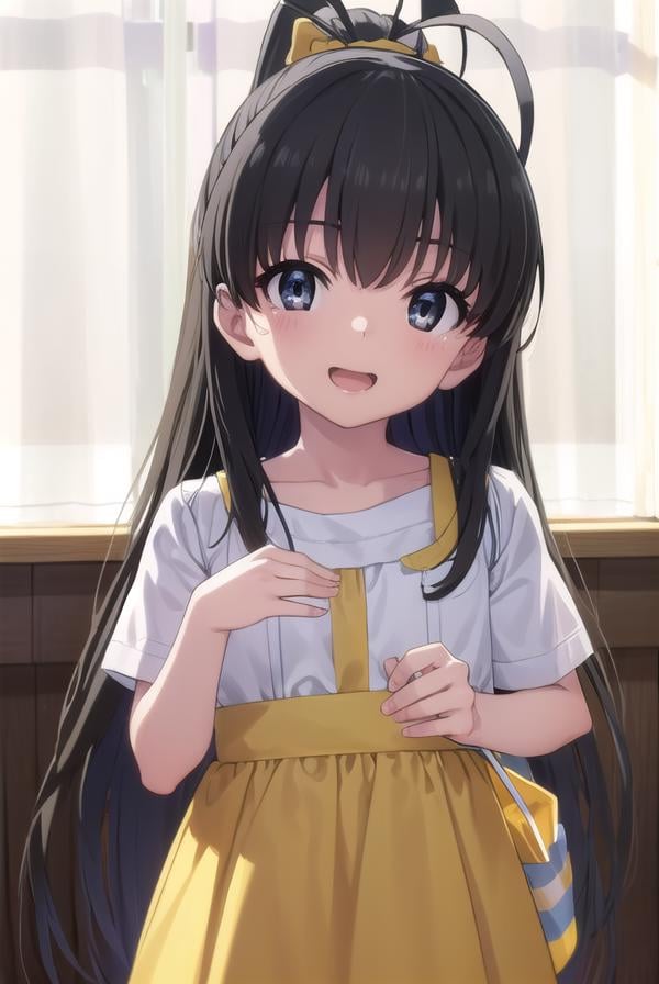 hinatakanashi, <lora:hina takanashi s1-lora-nochekaiser:1>,hina takanashi, long hair, black hair, (black eyes:1.3), ponytail, antenna hair, child, smile, open mouth,BREAK dress, yellow dress, short sleeves,BREAK indoors,BREAK looking at viewer, (cowboy shot:1.5),BREAK <lyco:GoodHands-beta2:1>, (masterpiece:1.2), best quality, high resolution, unity 8k wallpaper, (illustration:0.8), (beautiful detailed eyes:1.6), extremely detailed face, perfect lighting, extremely detailed CG, (perfect hands, perfect anatomy), 