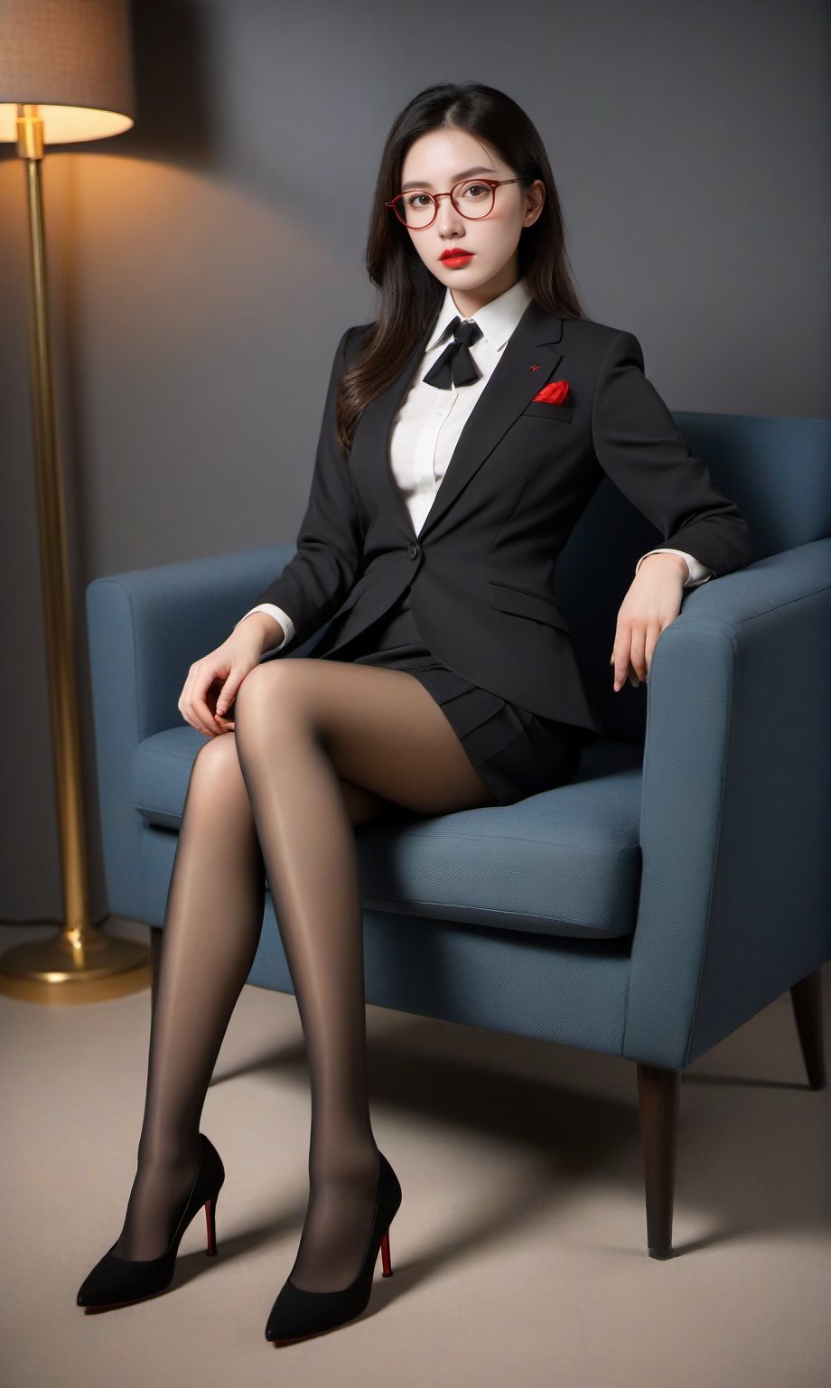 ,Textured skin,handsome,dim light, low key,full body,Female teacher, gold-rimmed glasses, biting lips, red lips, Black pantyhose，raised mouth,suit, short skirt, peach butt,Sit on the sofa， long legs, black outer, red heels, solid background，35 years old，,, <lora:WDR_景深-通透调节器:1>，(EOS R8,50mm,F1.2,8K,RAW photo,reality_ray_tracing,sidelight,Volumetric  Lighting，(beardplump:1.5),(big breasts:1.6),(unbuttoned clothes:1.5),(Angular face:1.4)