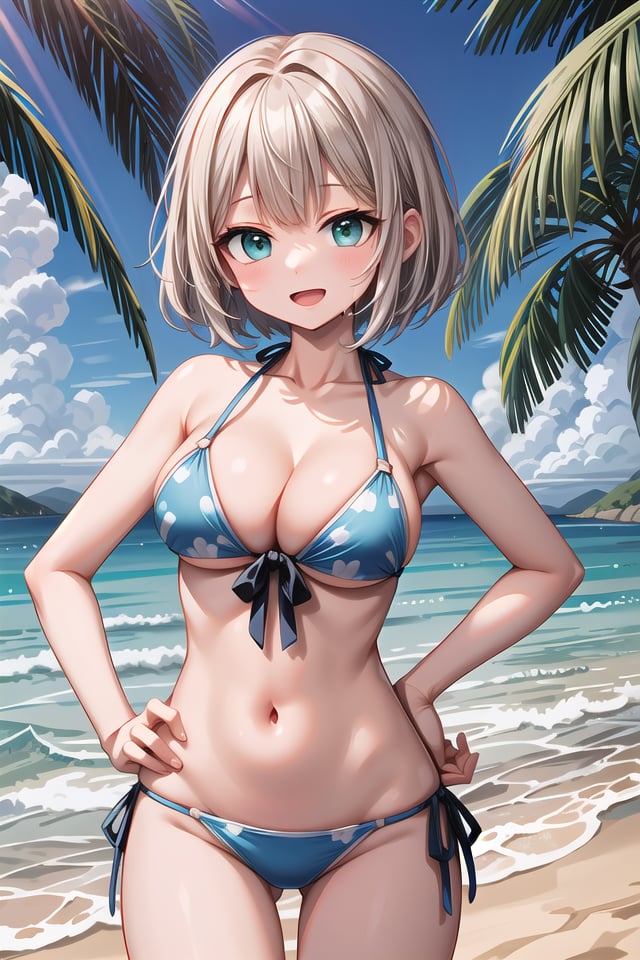 insanely detailed, absurdres, ultra-highres, ultra-detailed, best quality,1girl, solo, nice hands, perfect handsBREAK(pastel colored bikini:1.3)BREAKhappy smile, laugh, open mouth,standing, (hands on own hips:1.2), cowboy shot, (45 angle:-1.5), (from side:-1.5)BREAKslender, kawaii, perfect symmetrical face, ultra cute girl, ultra cute face, ultra detailed eyes, ultra detailed hair, ultra cute, ultra beautifulBREAKat seashore, coast, beach, tropical, sky, blue oceanBREAK(medium large breasts, cleavage:1.3),  shiny skin, wet bodyBREAKplatinum blonde hair, emerald green eyes, short bob cut