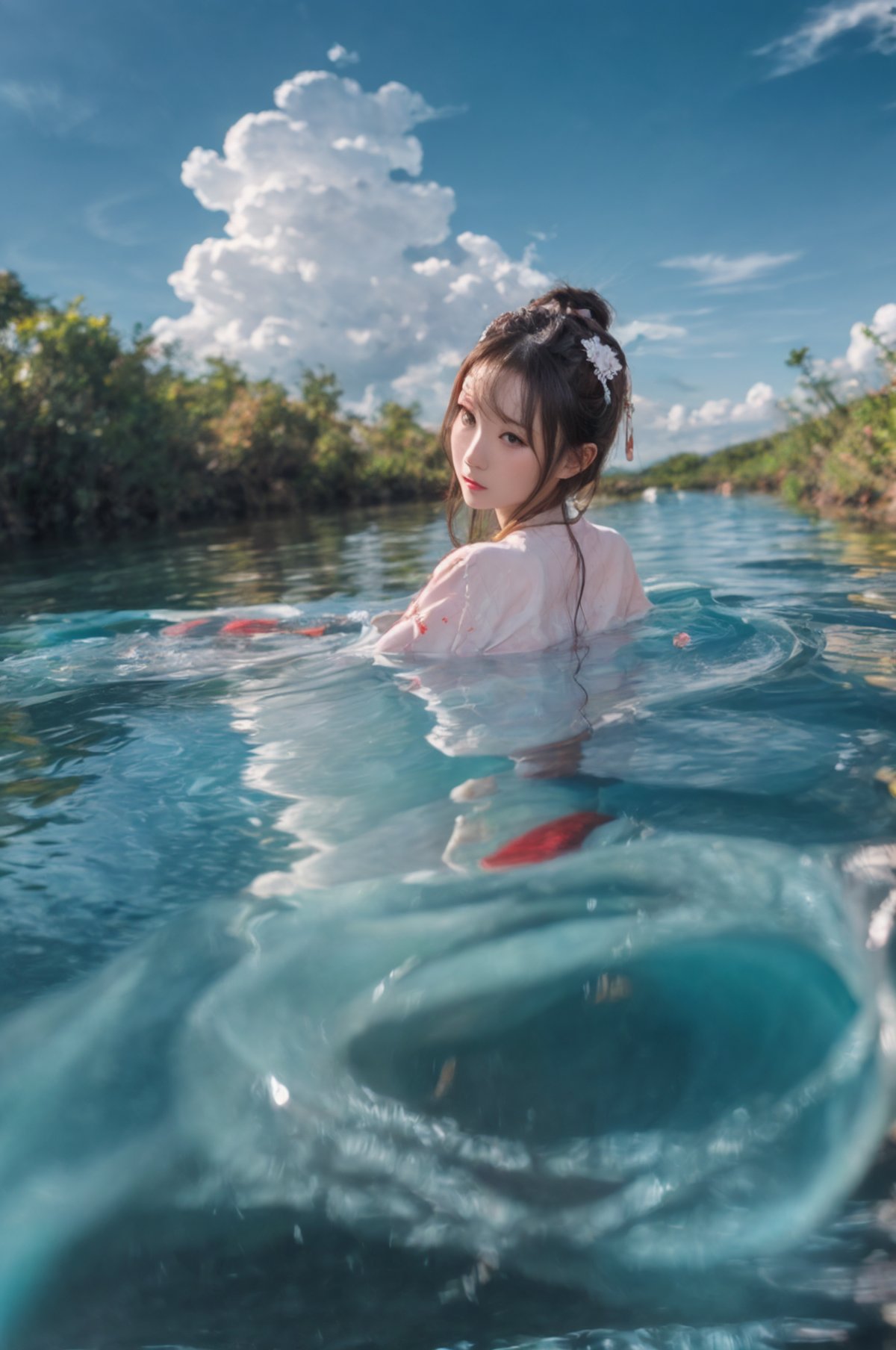 1girl,blue sky and white clouds,water,