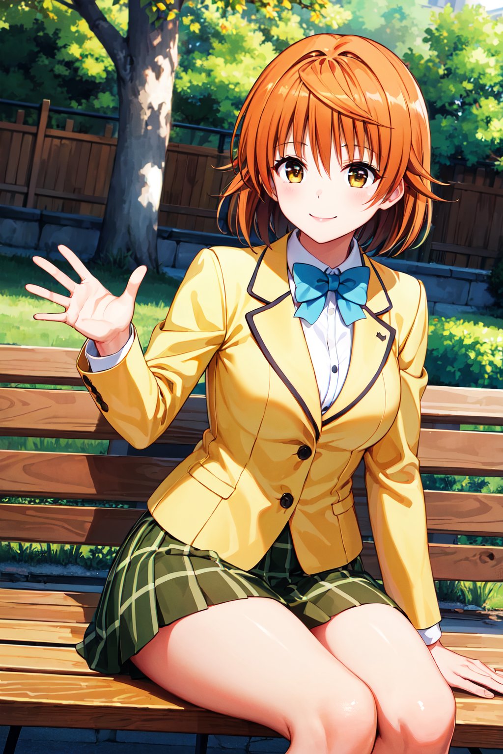 masterpiece, best quality, highres, aariko, short hair, brown eyes, school uniform, blue bowtie, blazer, yellow jacket, long sleeves, plaid skirt, green skirt, <lora:yuusaki_riko_v1:0.6>, sitting, bench, outdoors, smile, waving