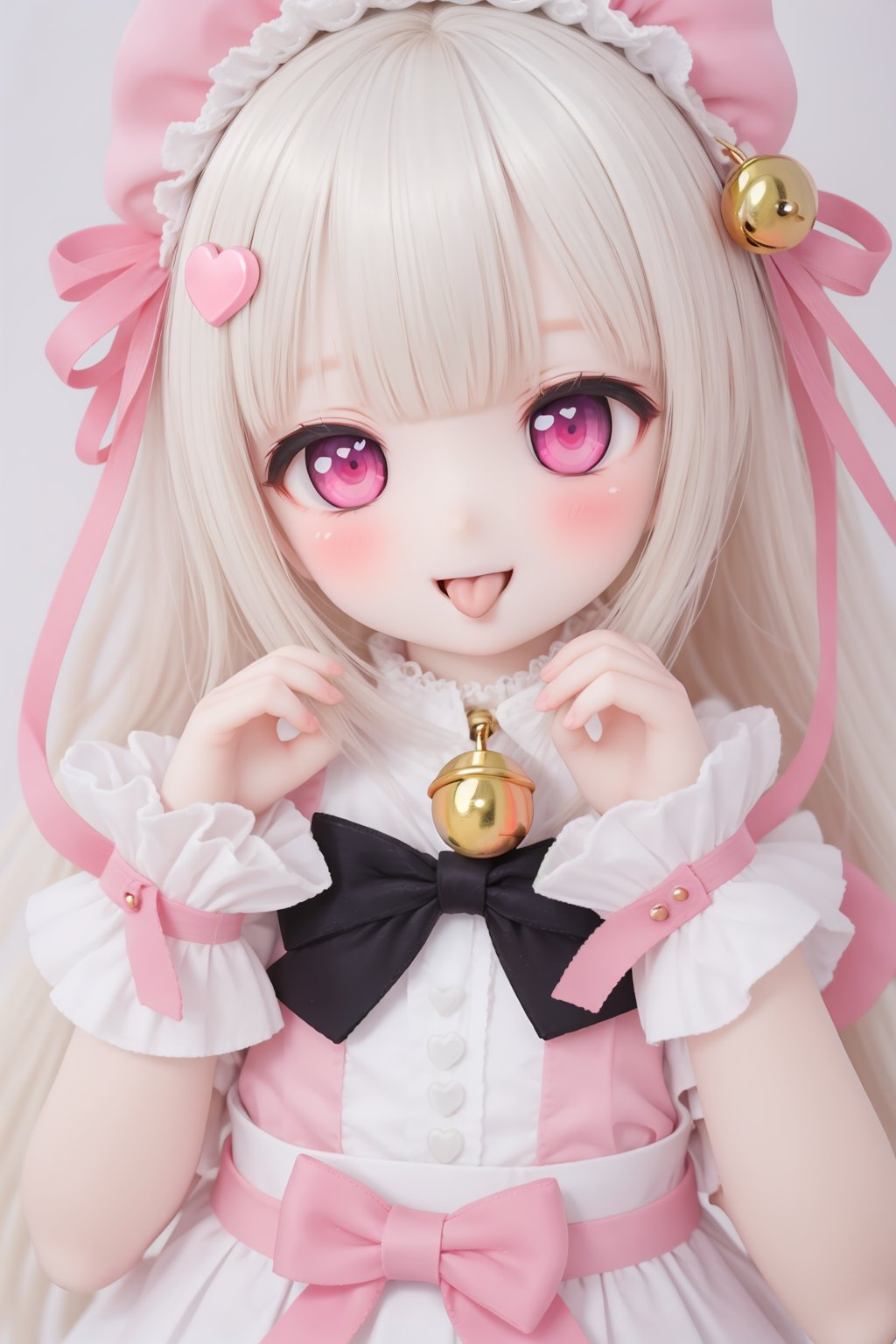 1girl, solo, tongue, tongue out, bell, looking at viewer, virtual youtuber, bangs, female child, blush, jingle bell, hair ornament, dress, blunt bangs, :p, white hair, heart, pink eyes, child, bow, smile, ribbon, upper body, wrist cuffs, doll, BJD, dtghdg254793, stfhgd796we2, adsderl931sq, cute