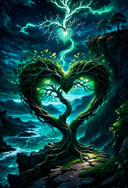 dark night, magical, glowing lights, cinematic, a withered tree on a cliff, branches in the shape of a heart, beautiful, a magical blue|green portal swirls, dark night <lora:FaeTastic2:0.8> 