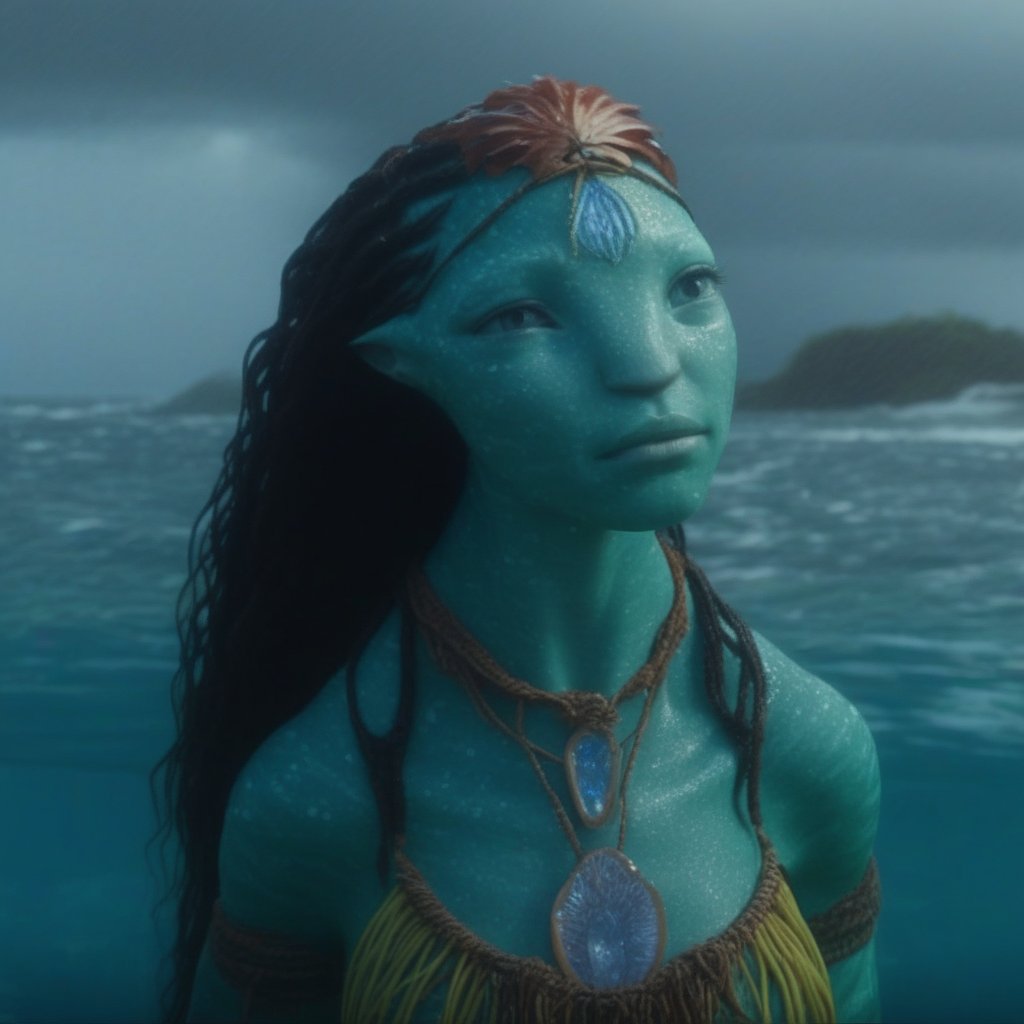 Beautiful na’vi, aqua skin, jewelry, reef, partially submerged, water, wet hair, movie scene, freckles, female focus, detailed, hdr, high quality