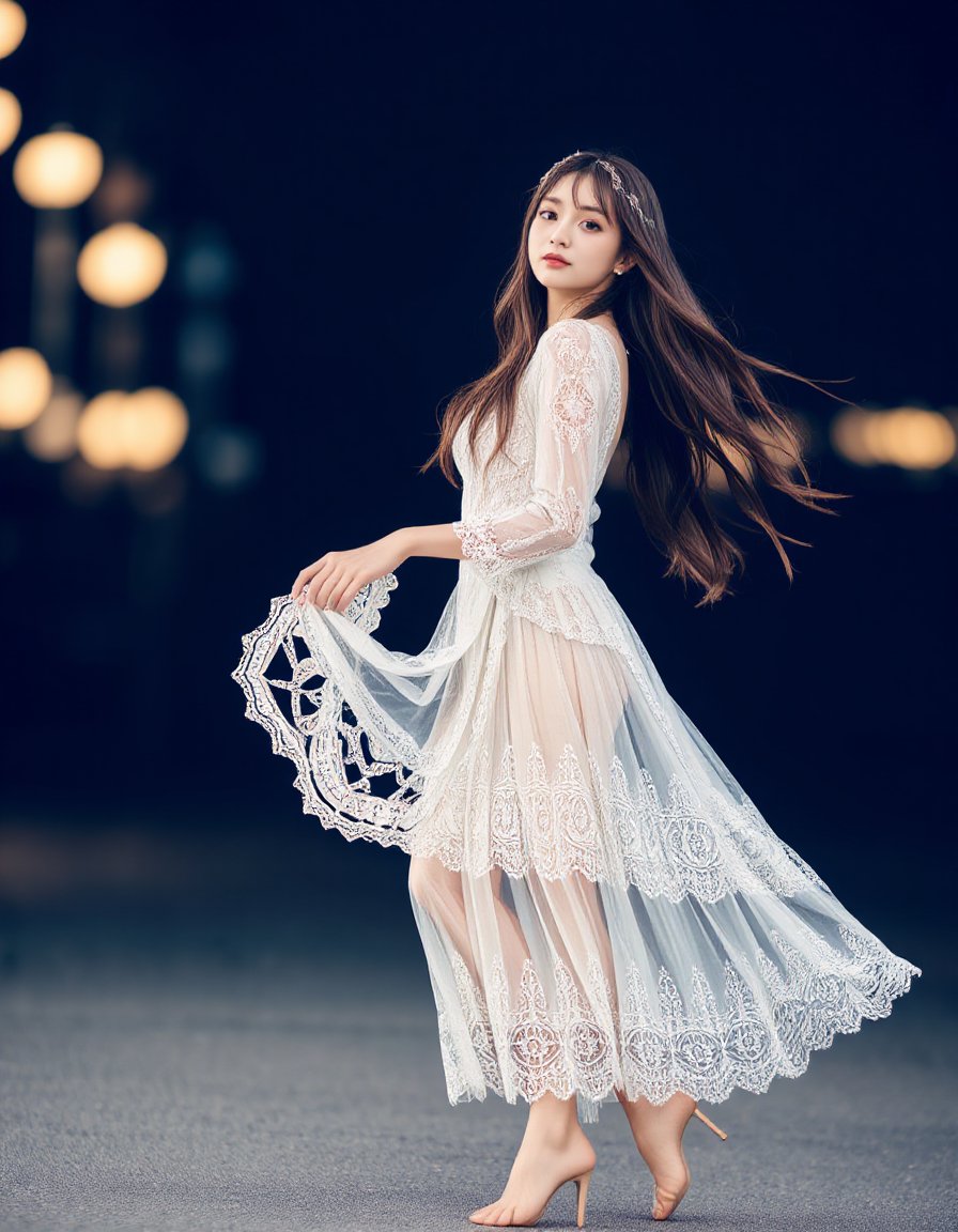 best quality, masterpiece, bohoai hinaigirl. playful theme, raw photo of a woman in long lace dress which often for ornate details and symbols, flowing long brown hair cascading over her shoulders, full body, bare feet, show legs, middle distance shot taken by long range lens, high key light, hard shadow, soft bokeh, professional photography, balanced contract, balanced exposure,<lora:hinaFluxBohoGirlMix-schnell_v1:0.9>