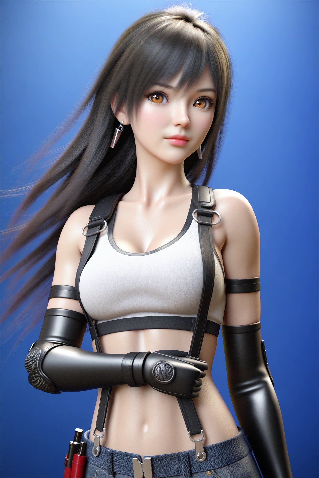 (masterpiece),(best quality),illustration,ultra detailed,hdr,Depth of field,(colorful),realistic,octane render,3D CG,1girl,tifa lockhart,solo,long hair,earrings,black hair,jewelry,suspenders,crop top,breasts,looking at viewer,upper body,brown eyes,bangs,shirt,gloves,elbow gloves,midriff,elbow pads,medium breasts,lips,tank top,blue background,white tank top,artist name,bare shoulders,closed mouth,white shirt,sports bra,sleeveless,