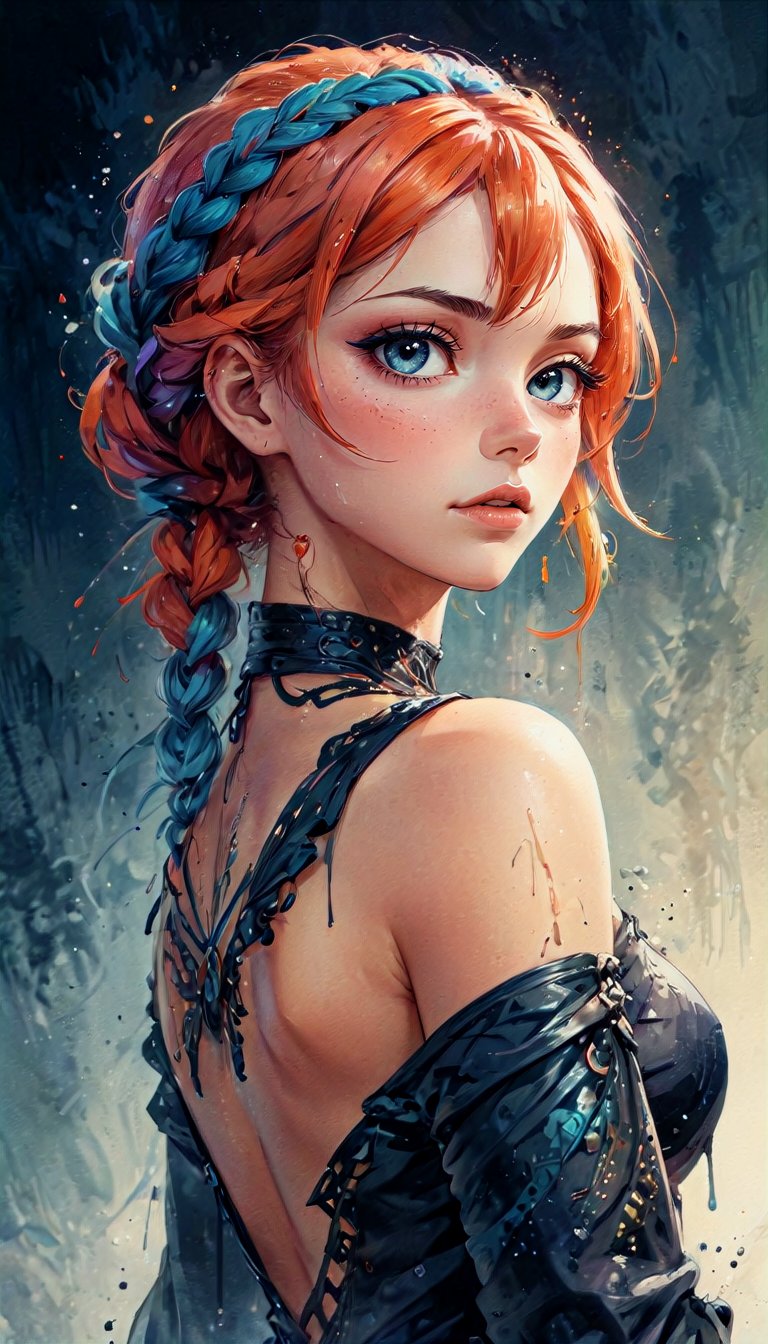 a woman with colored braided hair, painting style karol bak uhd, beautiful fantasy artistic drip, pen and ink, watercolor, 8K