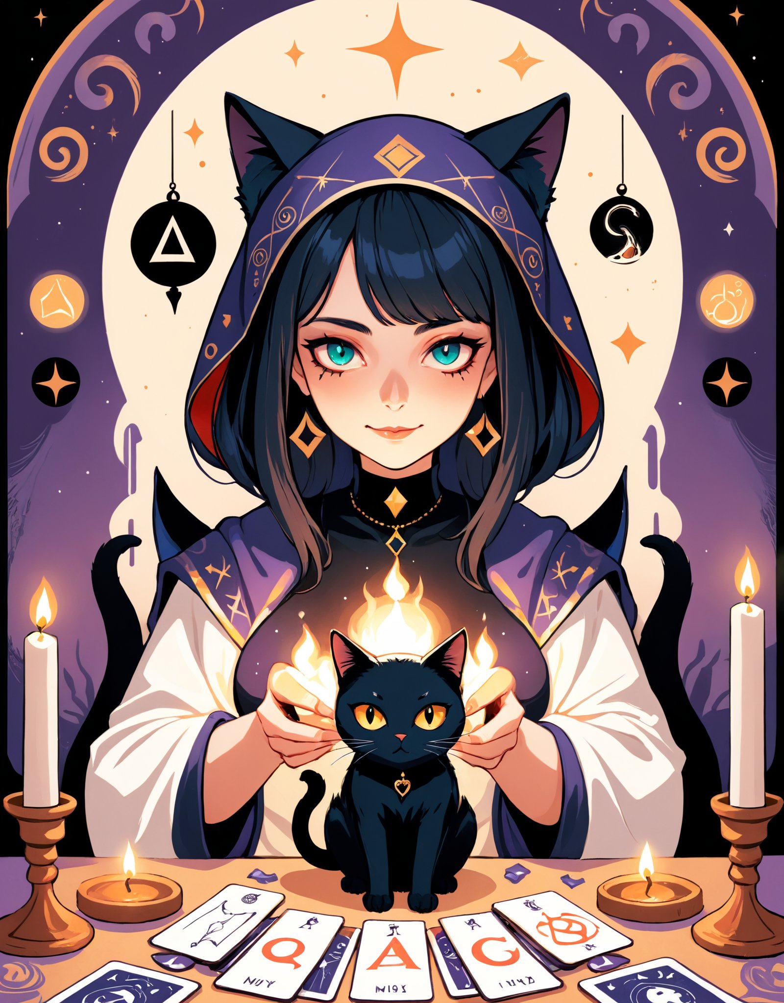 Image type:Illustration  An enigmatic fortune teller using cardboard for Tarot reading, surrounded by flickering candles and mystical symbols, with a black cat perched on their shoulder, peering into the future with a mischievous grin.