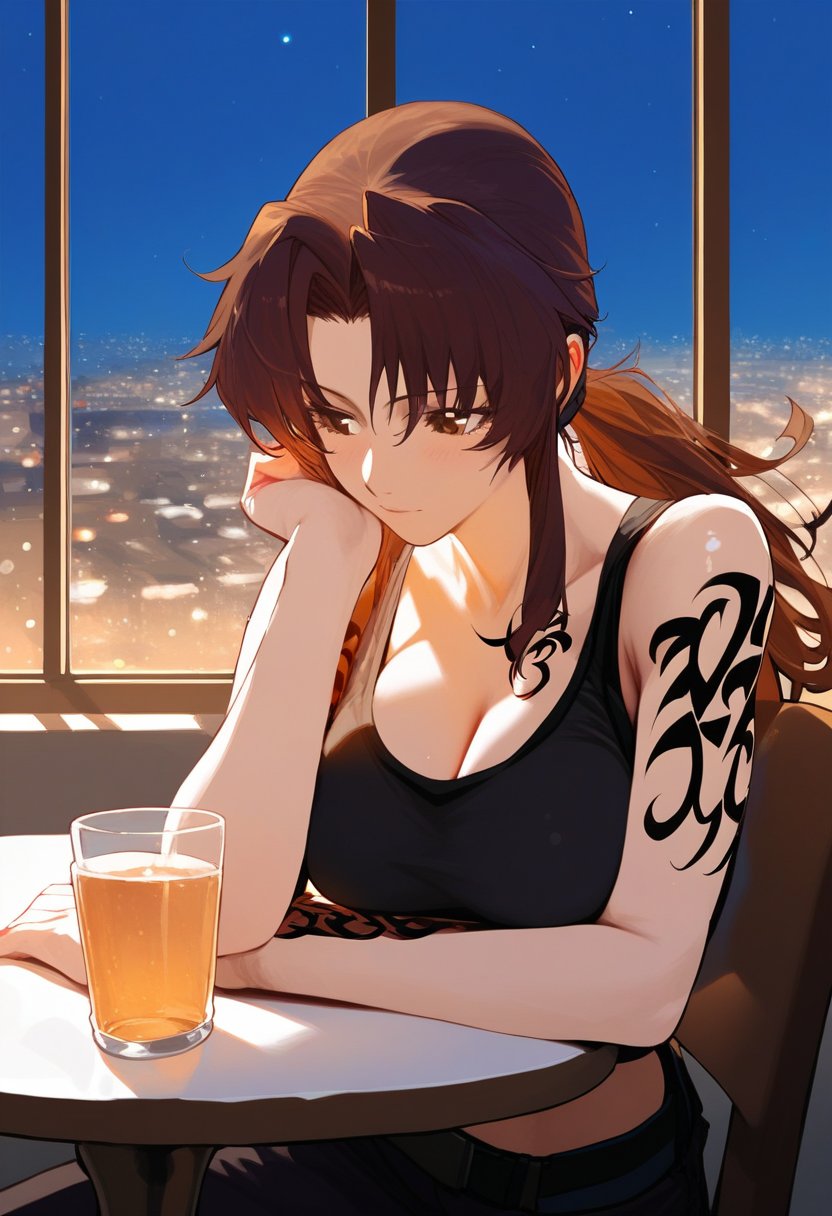 score_9, score_8_up, score_7_up, score_6_up, source_anime, <lora:CLD 0.1v:1>, CLD, 1girl, solo, long hair, breasts, large breasts, brown hair, bare shoulders, sitting, brown eyes, ponytail, sidelocks, sky, indoors, crop top, cup, window, tattoo, night, table, tank top, night sky, drinking glass, alcohol, head rest, arm tattoo, glass, shoulder tattoo, black tank top, revy (black lagoon)