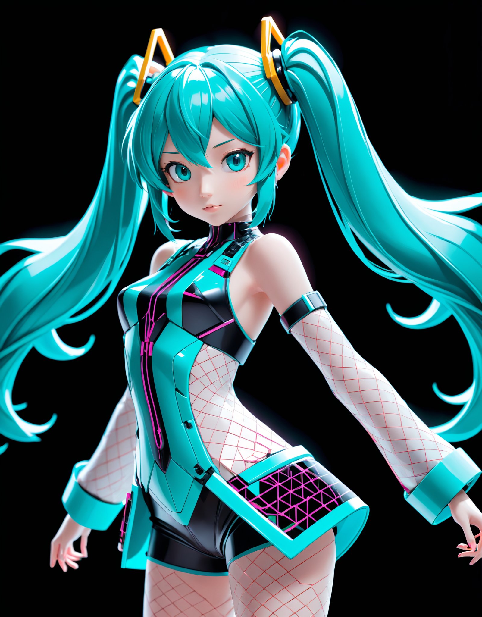 A wireframe illustration of Hatsune Miku, capturing her iconic pose and vibrant hair color with geometric precision, highlighting the intricate details of her futuristic outfit and recognizable twin tails.