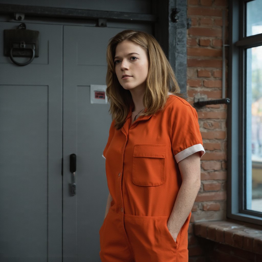 A still from a television show or film shows rose_leslie in a prison cell. She wears a bright orange prison uniform with a white undershirt and matching orange pants. The uniform has a small red badge on the left chest pocket. She has blonde hair and is looking to the side with a serious expression. The background shows a metal door with a lock, a brick wall, and a window. The color palette is muted, with the orange of her uniform contrasting the neutral tones of the room.