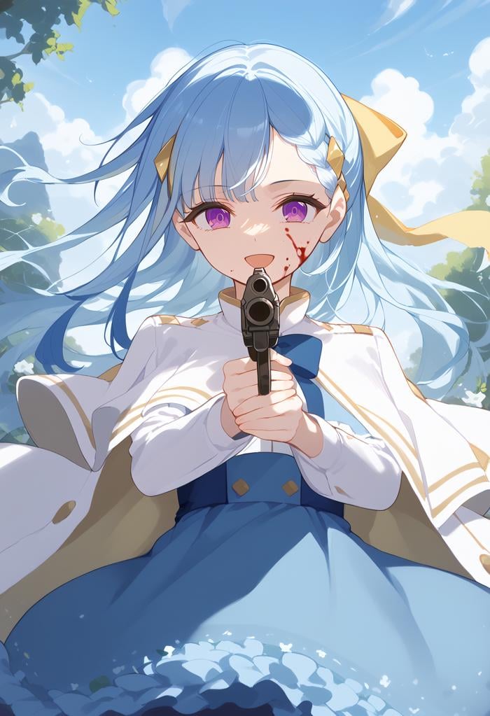 score_9, score_8_up, score_7_up, source anime, yufiria, light blue hair, braid, hairclip, yellow hair bow, purple eyes, seductive smile, open mouth, blood on face, white capelet, white coat, shirt, blue high-waist skirt, frilled skirt, pantyhose, holding gun, aiming, aiming at viewer, finger on trigger, <lora:aim-xl-pony-v3-000016:1>, <lora:naip33:1>, <lora:yufiria-xl-v2:1>, 