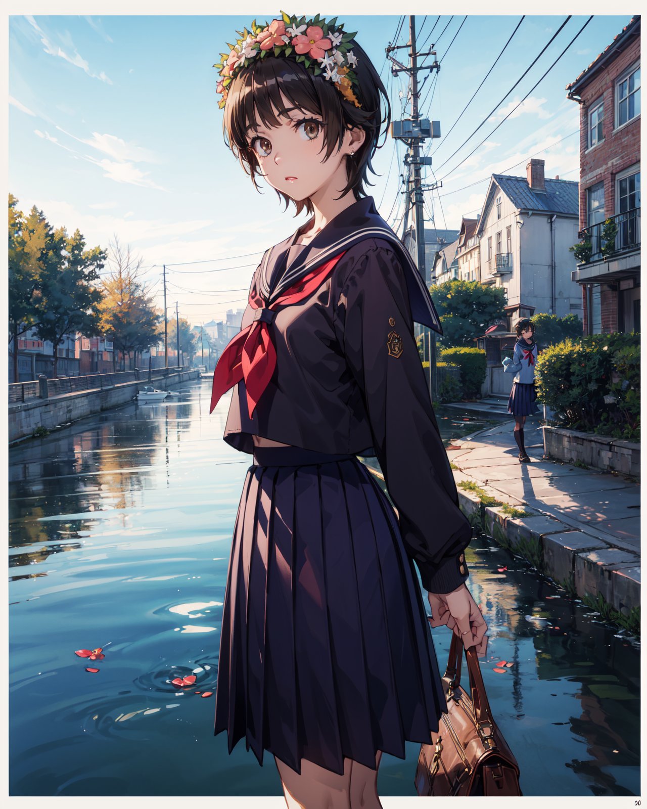 <lora:Uiharu-000007:0.8>,Uiharu CYQL,1girl,looking at viewer,solo,short hair,black hair,brown eyes,head wreath,flower,hair flower,(school uniform,winter uniform,serafuku,skirt,pleated skirt,red neckerchief,sailor collar,blue skirt,shirt,long sleeves,neckerchief,blue sailor collar,blue shirt,long skirt,blue serafuku),(evil smile:1.2),beautiful face,beautiful eyes,glossy skin,shiny skin,(panorama,from_below,on side:1.2),double v,Canals, Boat tour, Dusk, Reflections, Beauty,Camellias,beautiful detailed sky,beautiful detailed glow,(English text:1.3),(border:1.5),posing in front of a colorful and dynamic background,(masterpiece, best quality, beautiful and aesthetic:1.3),contrapposto,female focus,fine fabric emphasis,wallpaper,fashion,Lipstick,depth of field,intricate_detail,finely_detailed,fine_fabric_emphasis,(glossy),<lora:增强减少细节add_detail:0.4>,