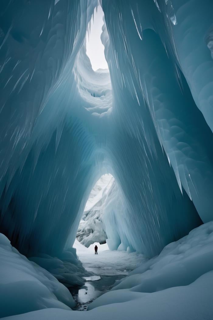 A photo of a vast (ice cave:1.3) with a distant (guide:1.2) providing a sense of scale, carved pathways from melting glacial rivers, silent ambiance punctuated by occasional ice creaks, (threatening overtones of potential ice breaks:1.1), intimate vastness, delicate balance between majesty and danger, serenity meets caution, G MASTER, FE 24mm F1.4 GM, intricate ice patterns, profound quietness, the dance of light and shadow, crystalline textures, professional grade,