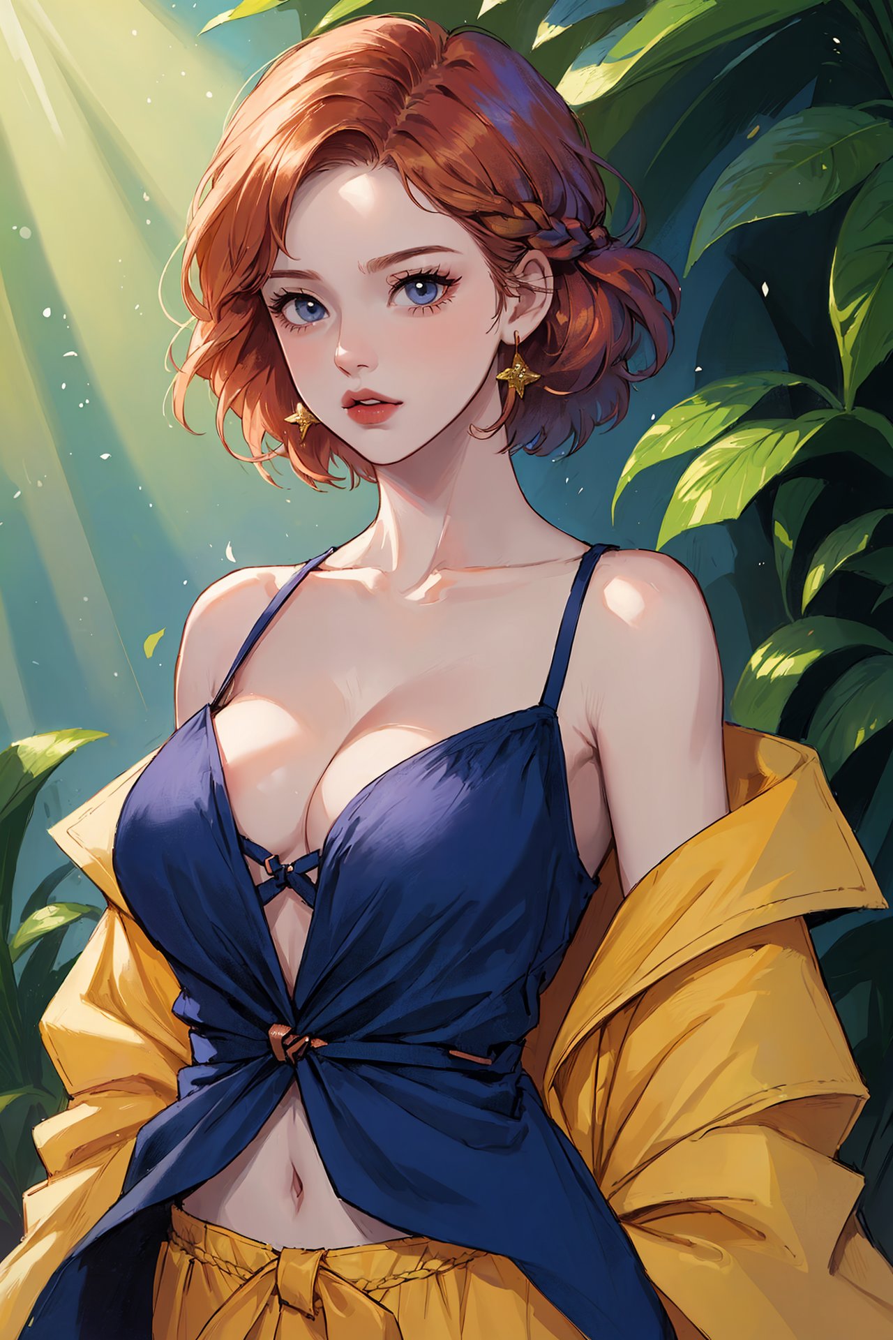 (masterpiece,best quality,ultra realistic:1.5), ( short hair , box braids, Copper hair:1.1), portrait BREAK(girl, cleavage, bare shoulder:1.2), top less, nipple, dark indigo cap and gown, summer, 😨, Sunrays shine upon it, navel focus <lora:fashigirl-v5.5-lora-naivae-64dim:0.3>,<lora:light6:-1>